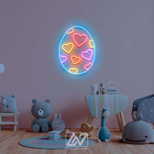 Colorful Easter Egg neon sign with hearts, perfect for kids' rooms and festive decor.