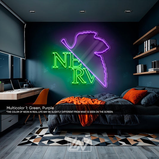 NERV Logo neon sign in green and purple, ideal for anime fans and stylish room decor.