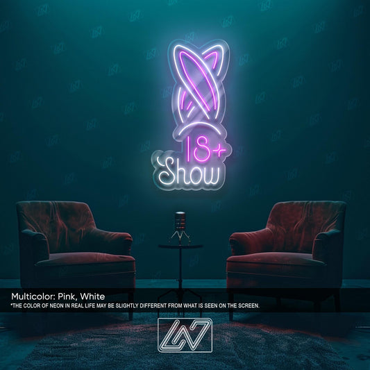 18+ Show Neon Sign – Pink & White LED Bunny Ears Light for Adults-Only Events, Boudoir Decor, or Club Wall Art – Risqué Neon Room Sign