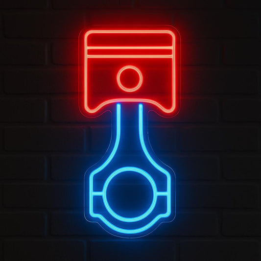 Neon sign of a piston in red and blue colors, ideal for automotive enthusiasts.