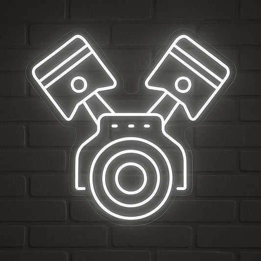 Neon sign of an engine, perfect for car enthusiasts and garages.
