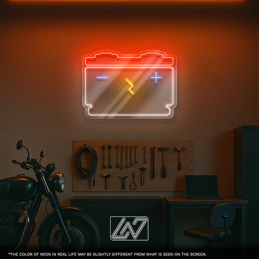 Neon Car Battery sign for garages and workshops, perfect gift for automotive enthusiasts.