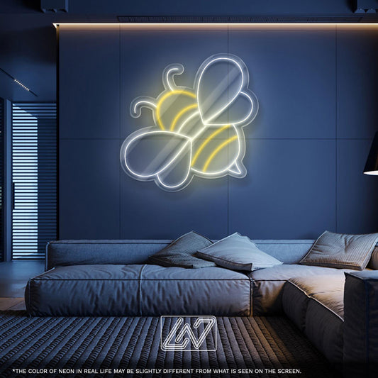 Cute Bee LED Neon Sign – White and Yellow Insect Wall Light for Kids Room, Nursery, Beekeeping Gift or Nature-Themed Decor