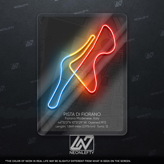 Fiorano Circuit Neon Sign - Iconic Ferrari test track wall art from Italy, perfect for garage, man cave, motorsport room, racing enthusiast