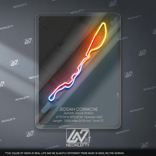 Jeddah Circuit Neon Sign - Modern Formula 1 street circuit wall art inspired by the Saudi Arabian Grand Prix, perfect for garage, race fan