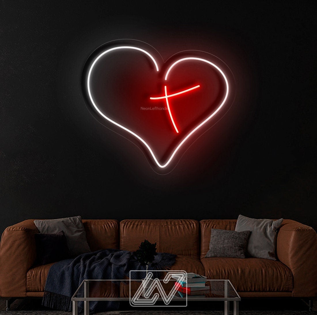 Christian heart neon sign, heart cross, Christian, Custom neon sign.