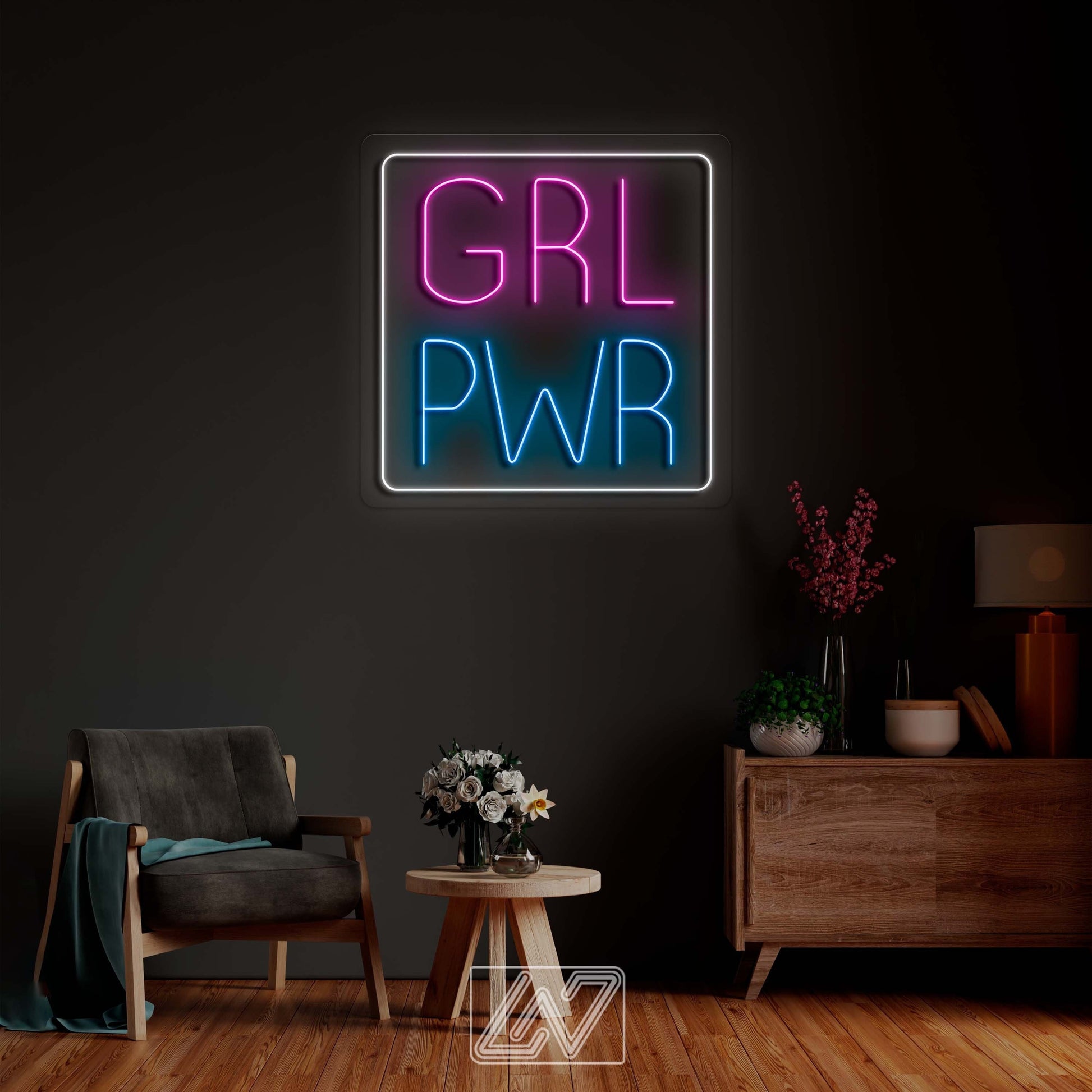 GRL PWR neon sign in a stylish interior setting, perfect for home or office decor.