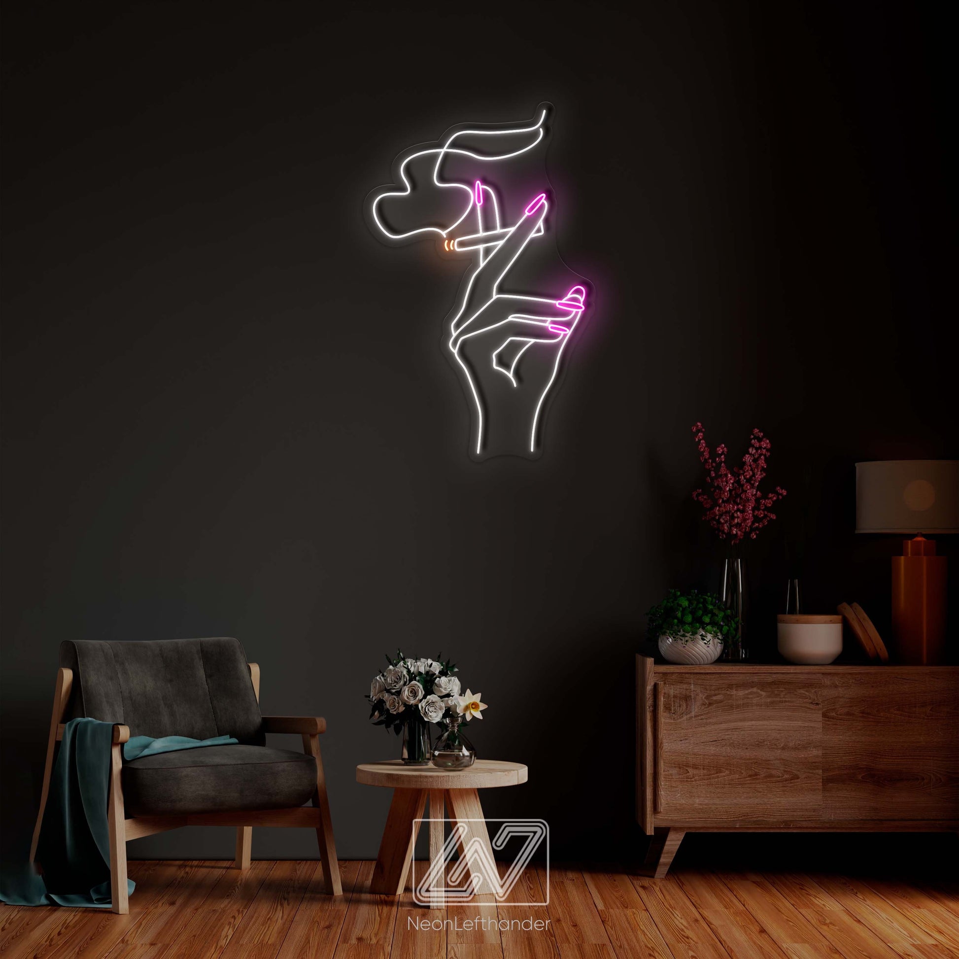 Neon sign of a hand holding a cigarette, ideal for trendy decor and gifts.