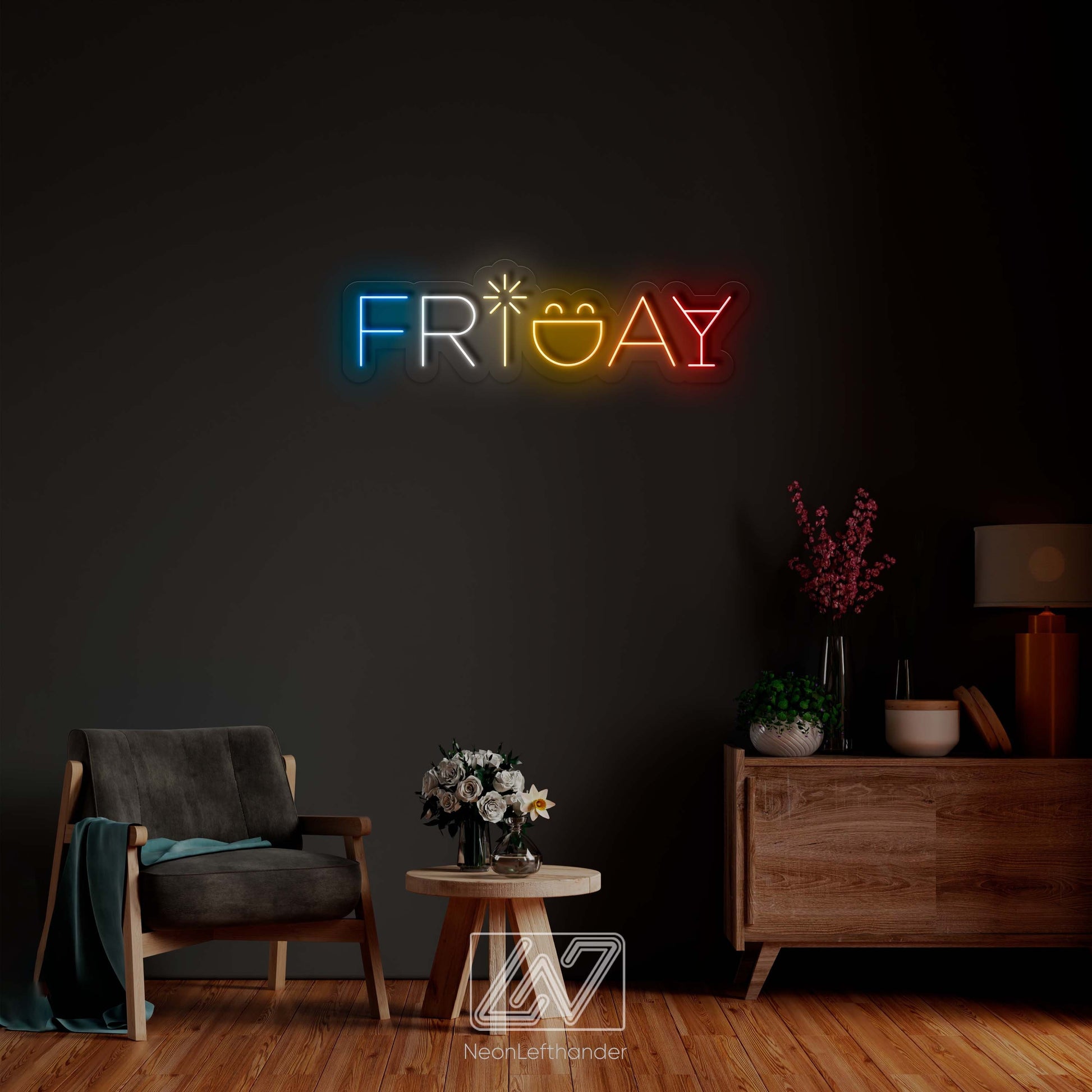 Colorful neon sign displaying the word Friday for home decor and gift ideas.