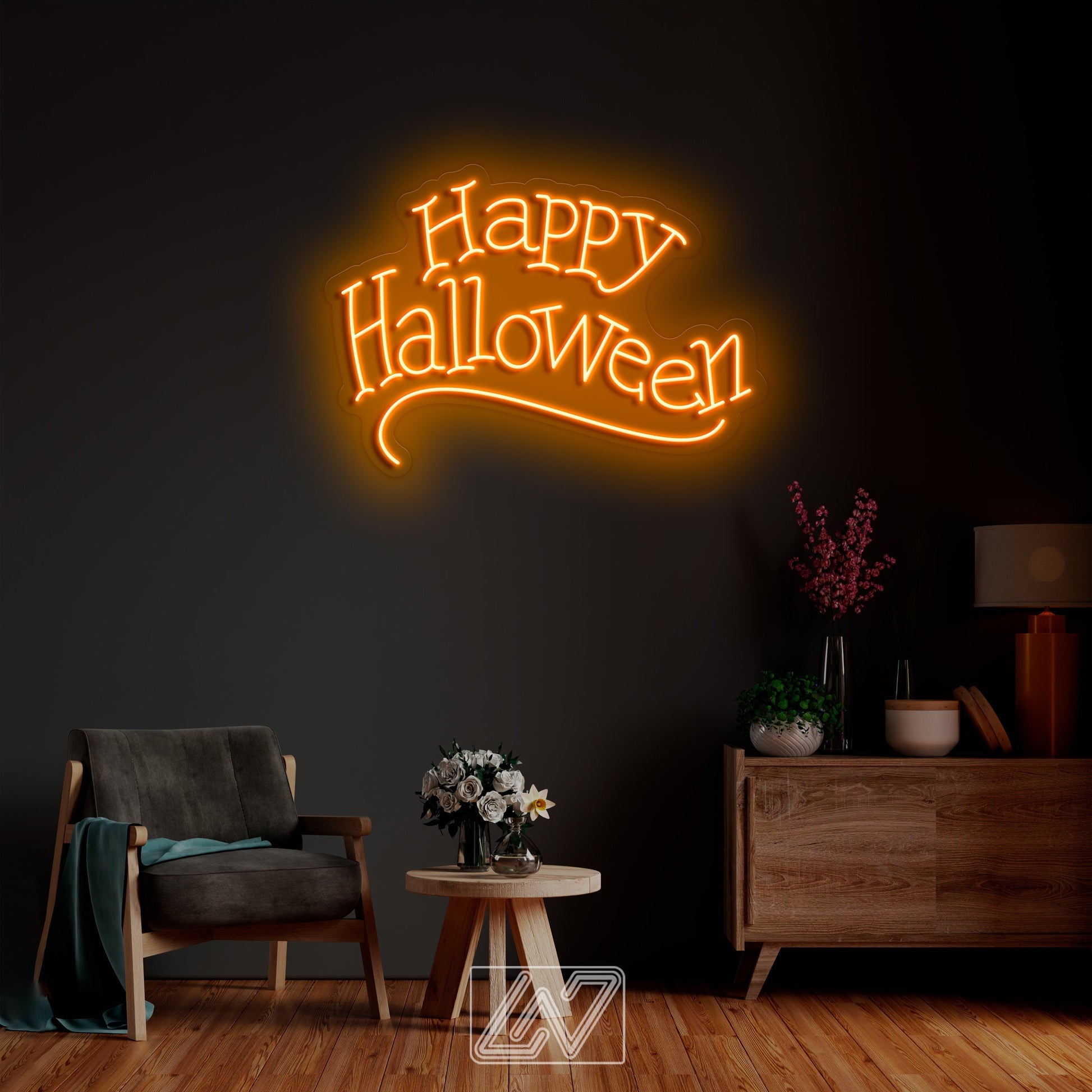 Happy Halloween neon sign perfect for festive decor and gifts.