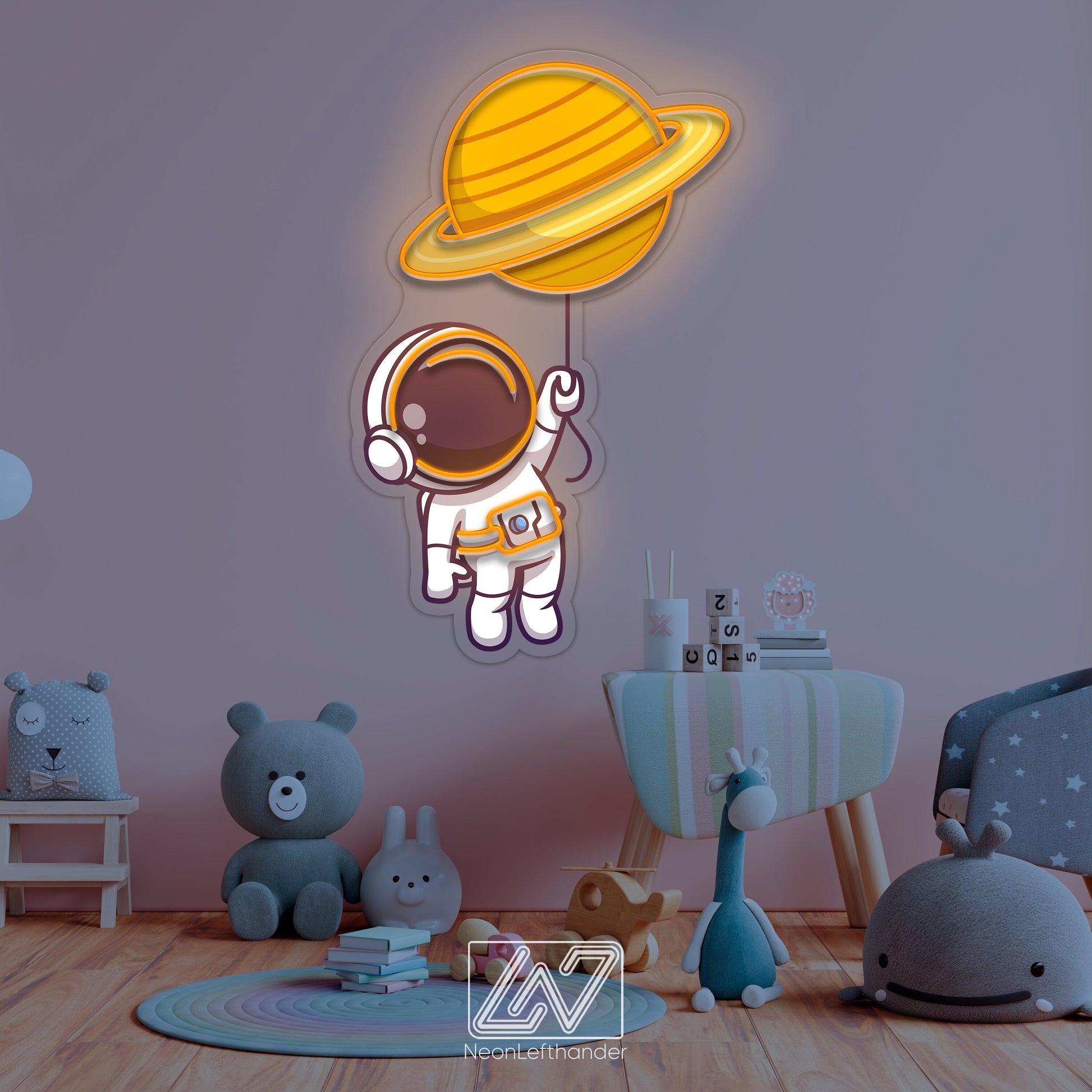 Cute Astronaut Floating with Planet Balloon in Space - Decor for a Child's Room.Neon Sign for Playful Minds.Children's paradise comes alive!