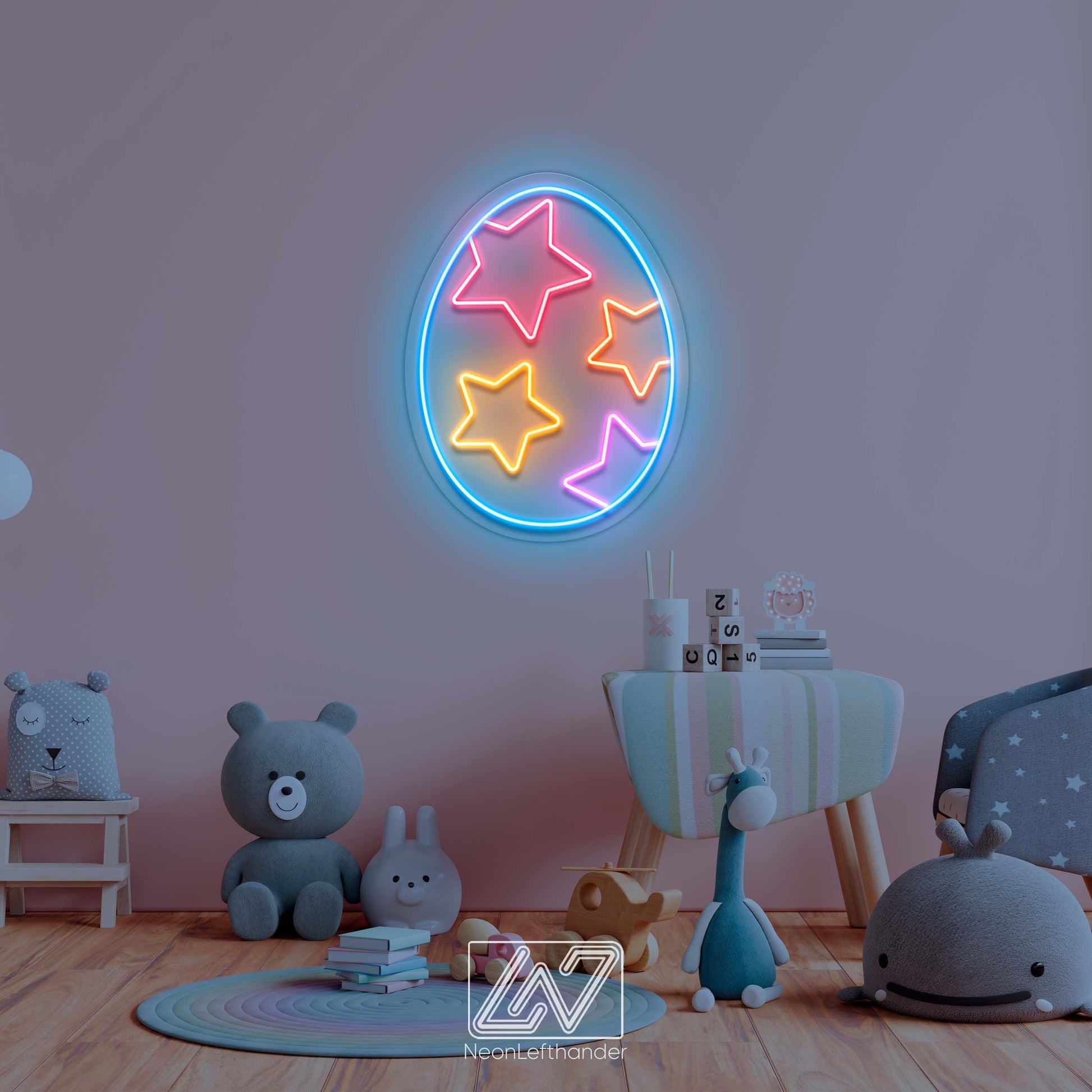 Colorful neon Easter egg sign with stars, perfect for kids' rooms and festive decor.