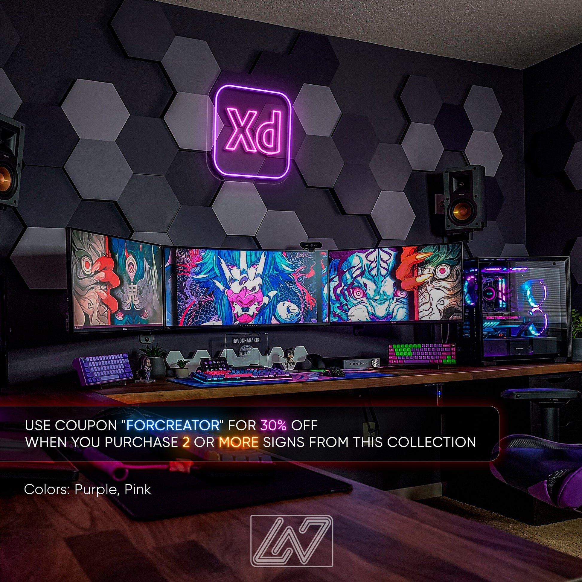Purple Experience Design neon sign ideal for creative spaces and gamer setups.