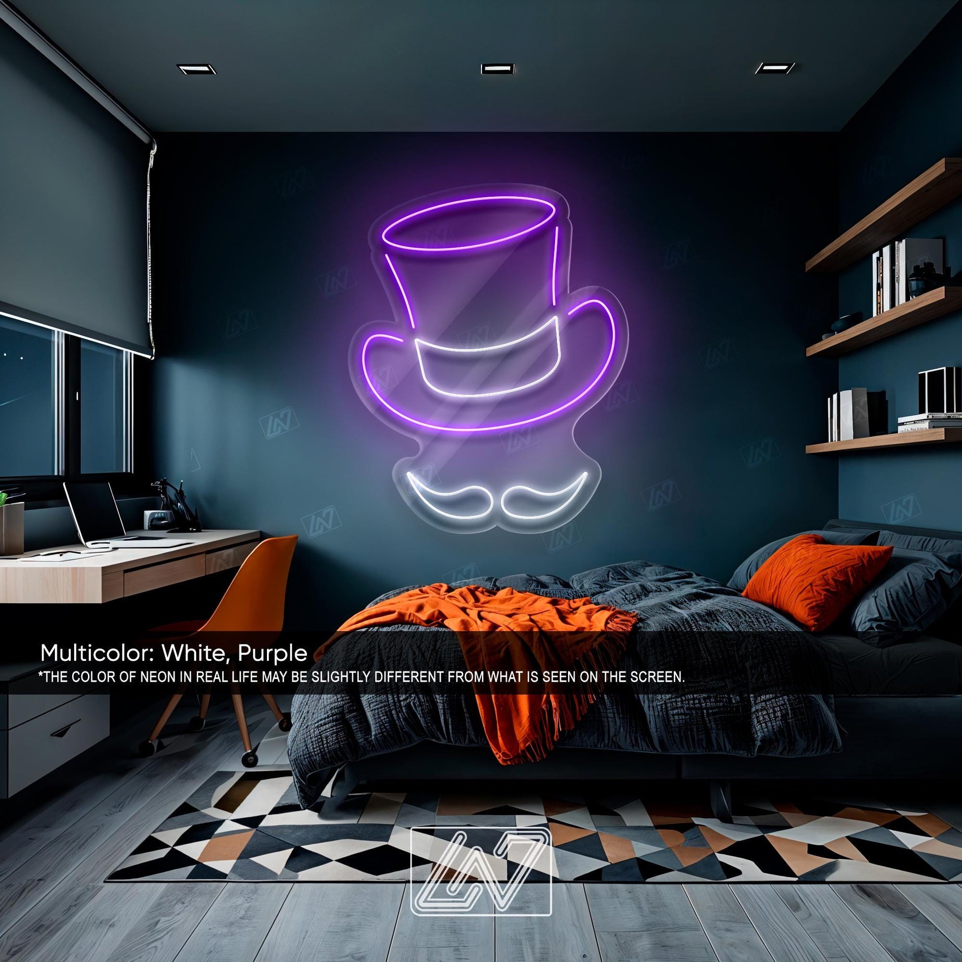 Gentleman's hat neon sign in purple and white, perfect for stylish home decor.