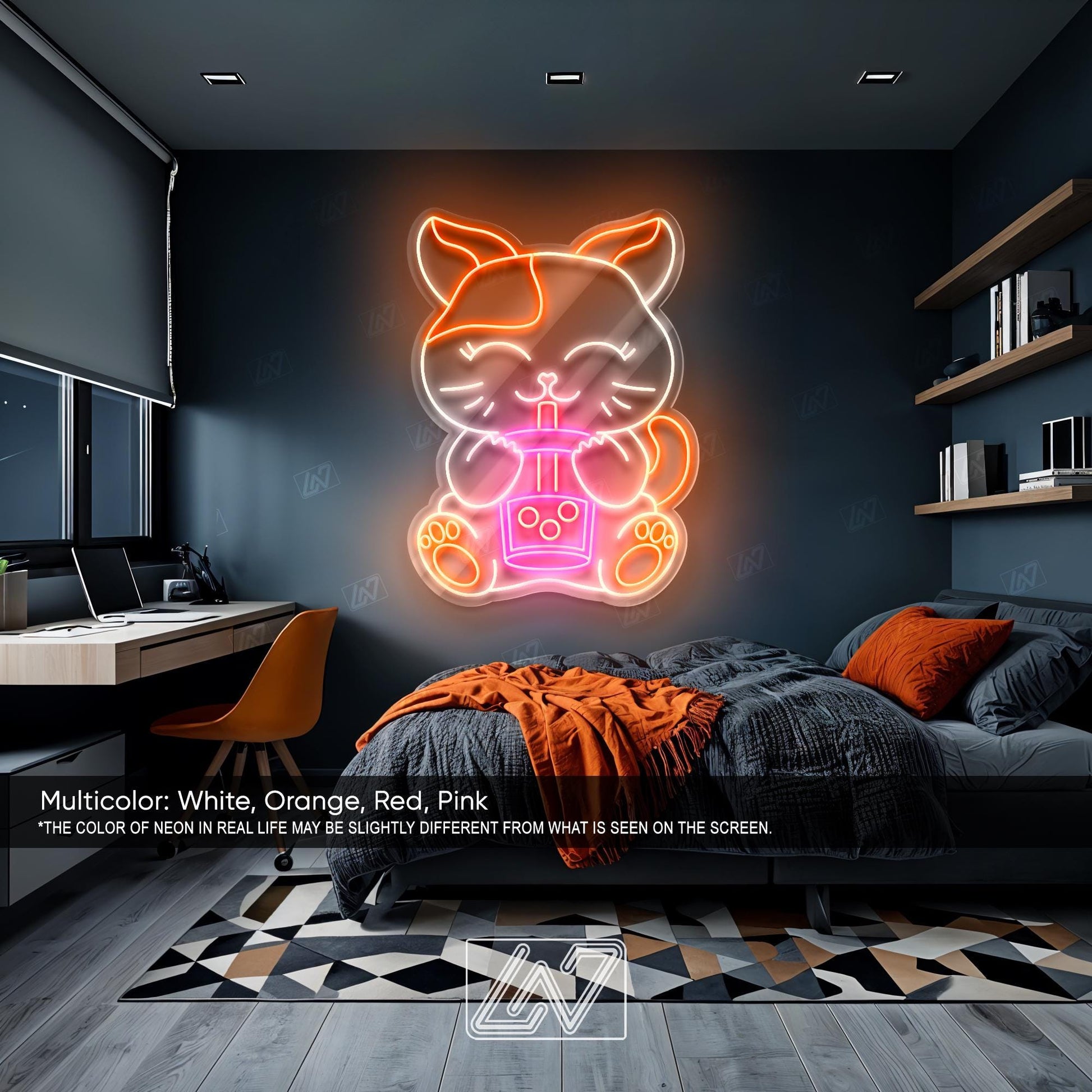 Boba Cat Neon Sign LED Light, Cute Kawaii Cat Drinking Bubble Tea Wall Art, Fun Aesthetic Decor for Café, Bedroom or Game Room