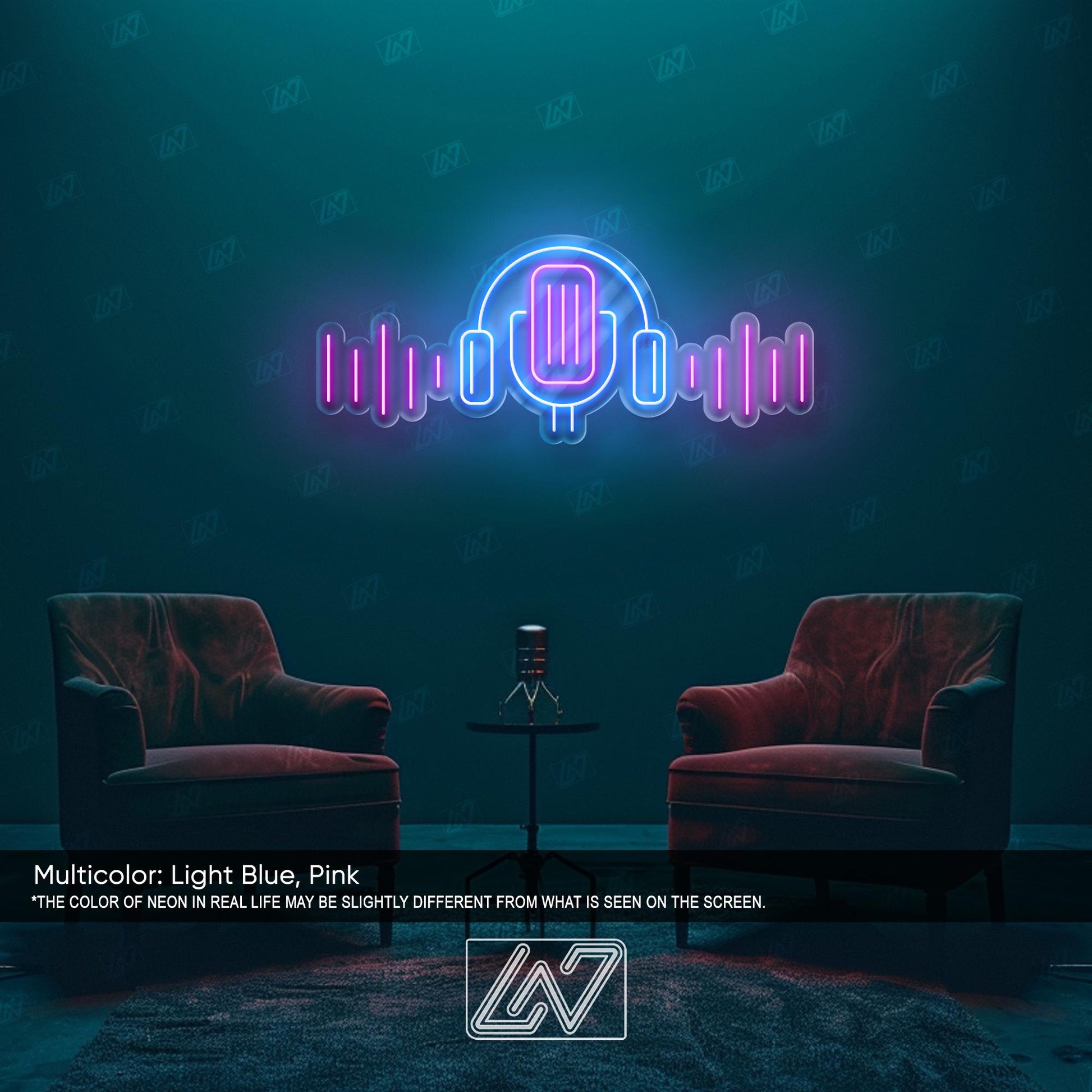 Multicolor podcast neon sign ideal for home studios and creative spaces.