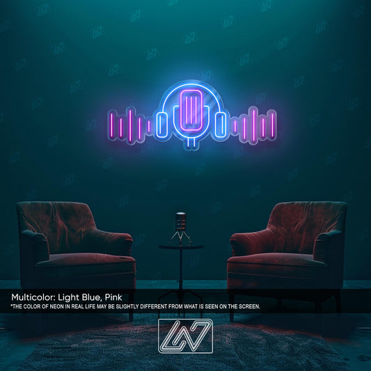 Multicolor podcast neon sign ideal for home studios and creative spaces.
