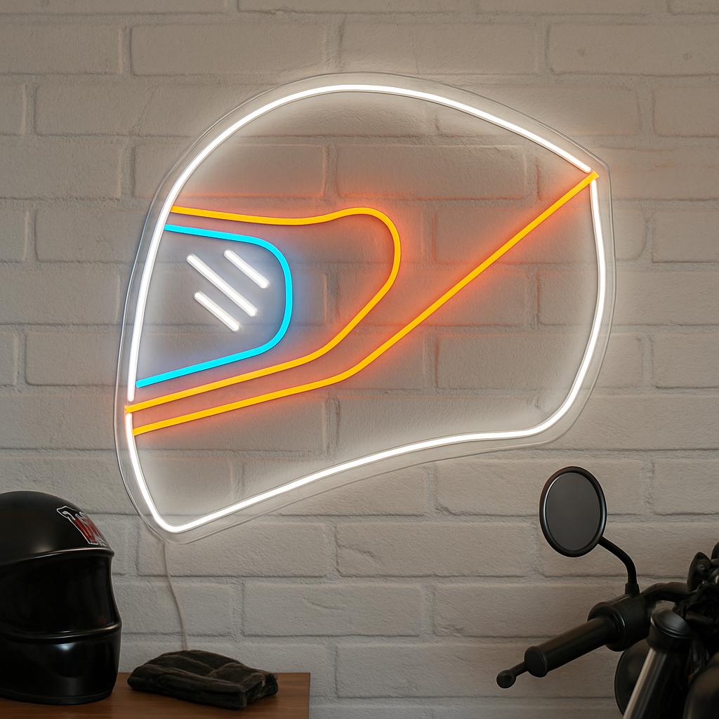 Neon bike helmet sign ideal for cycling fans and stylish home decor.