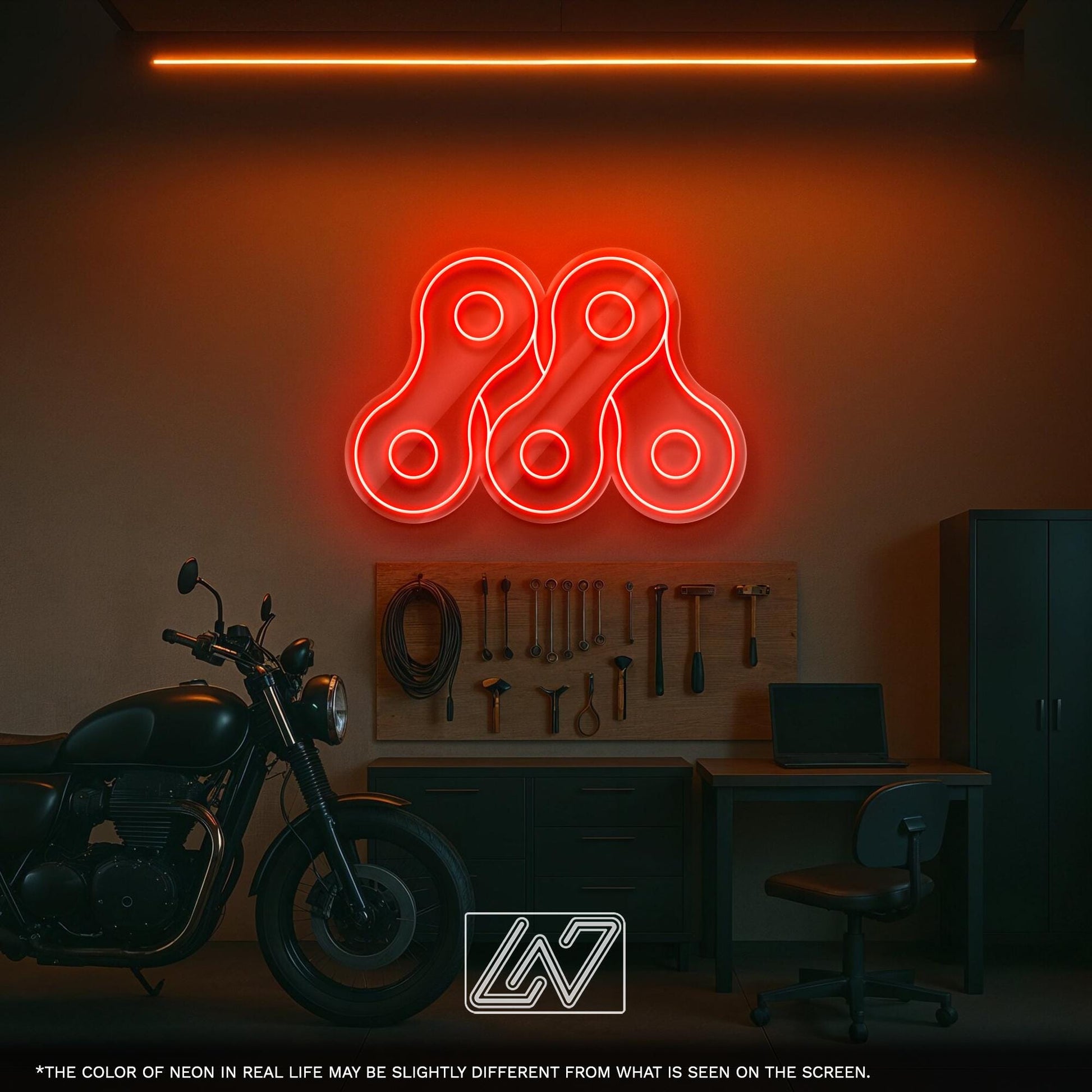 Bike Chain LED Neon Sign Wall Light, Industrial Cycling Decor Accent for Garage, Shop, Studio or Modern Urban Interior Lighting