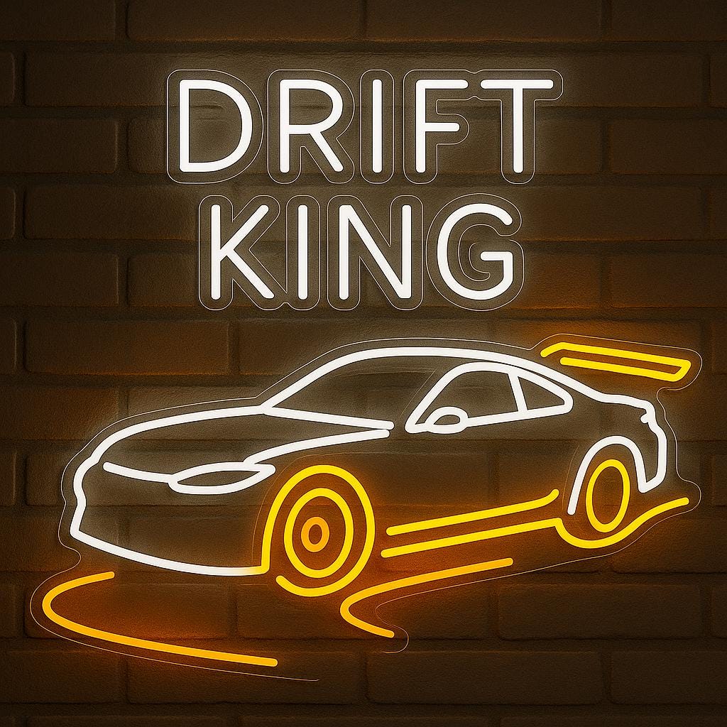 Drift King neon sign for car enthusiasts, perfect for home decor and gifts.