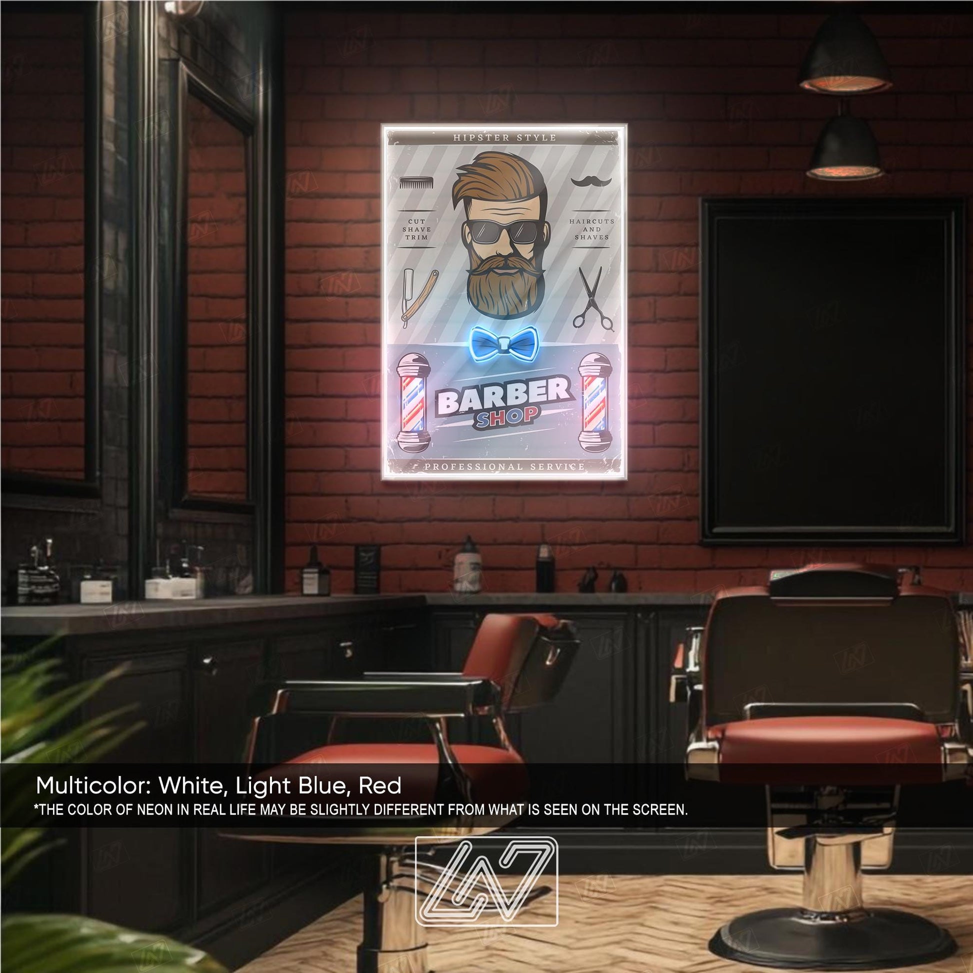 Neon barber shop sign in multicolor for trendy barbers and home grooming spaces.