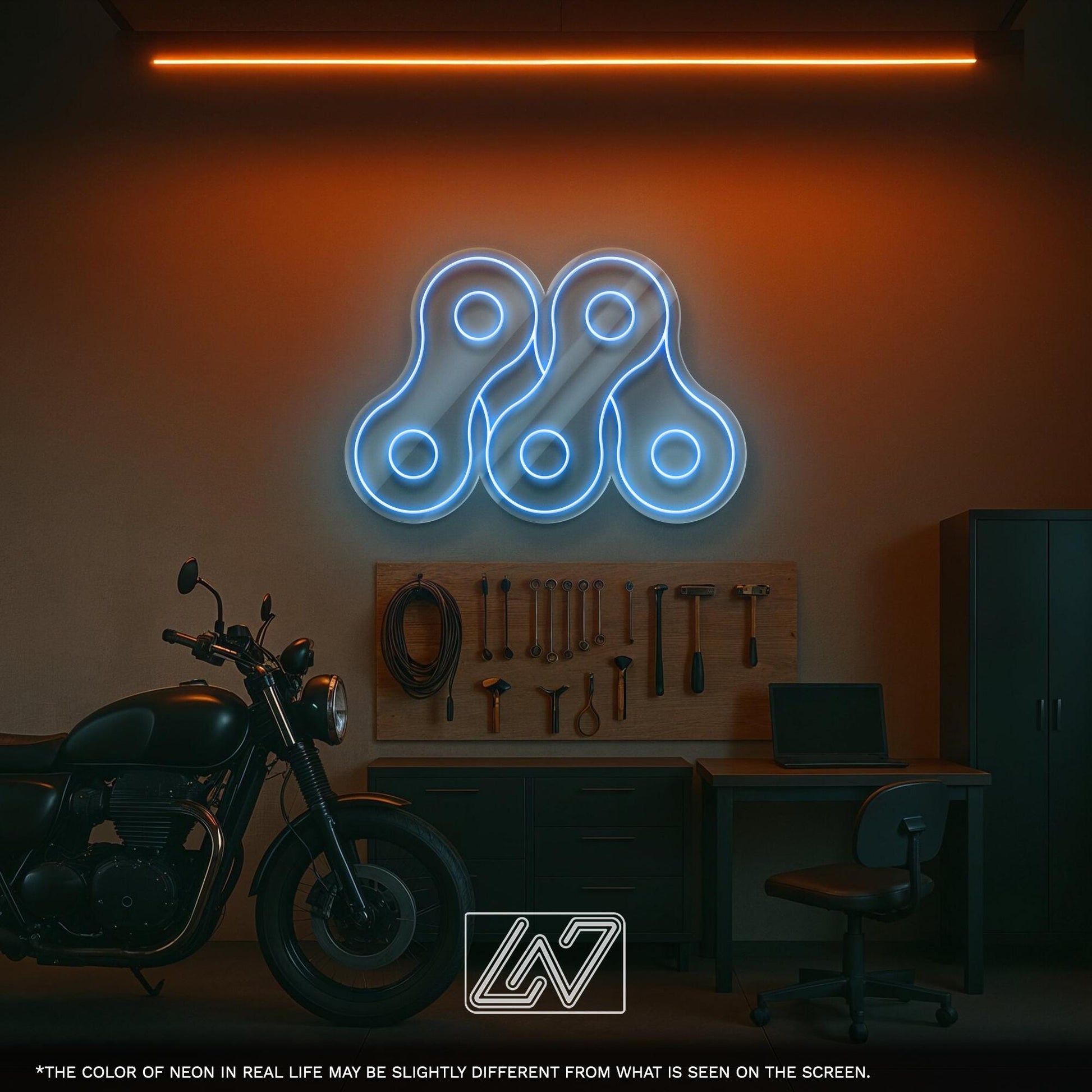 Bike Chain LED Neon Sign Wall Light, Industrial Cycling Decor Accent for Garage, Shop, Studio or Modern Urban Interior Lighting