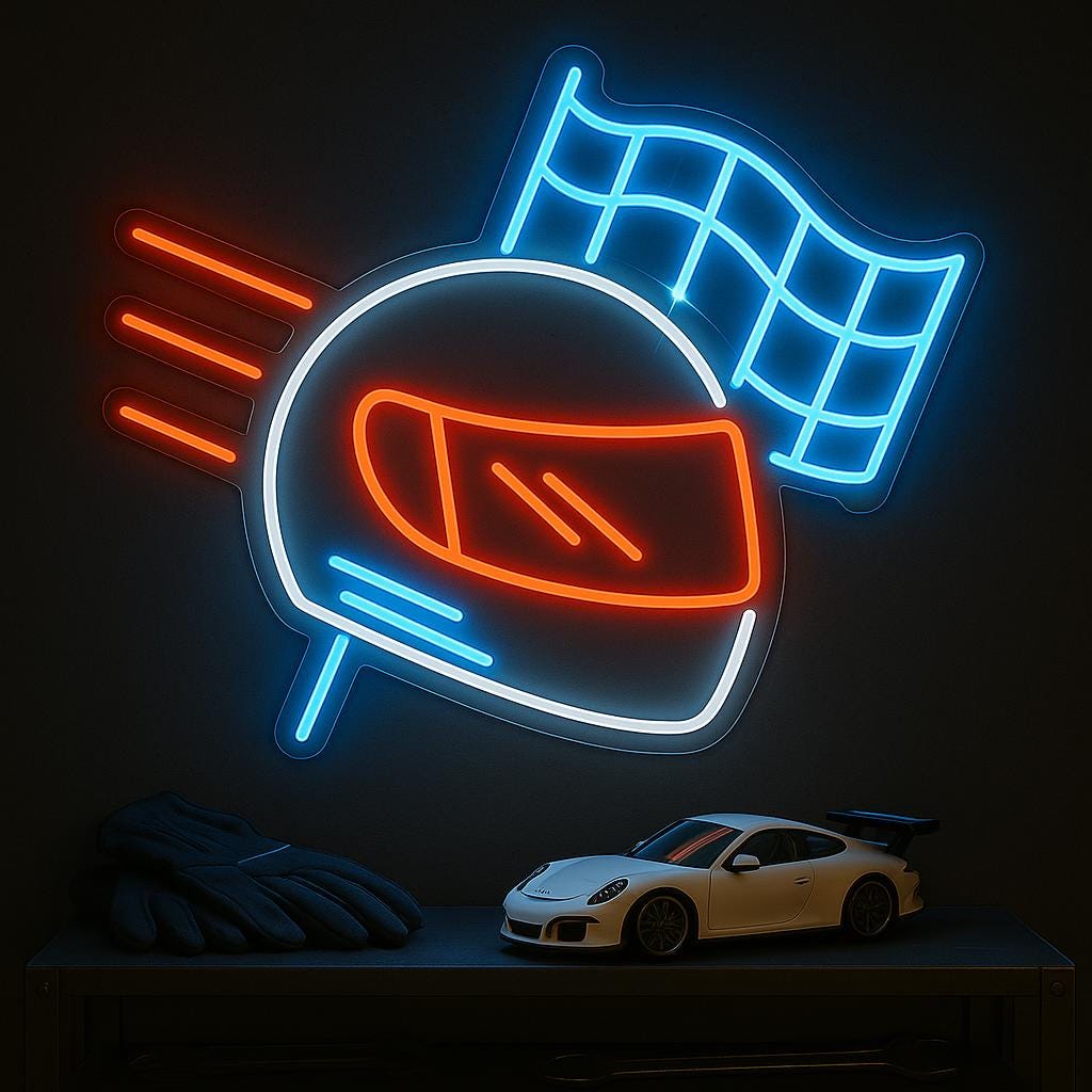Neon sign of a racing helmet with a checkered flag, perfect for car enthusiasts.