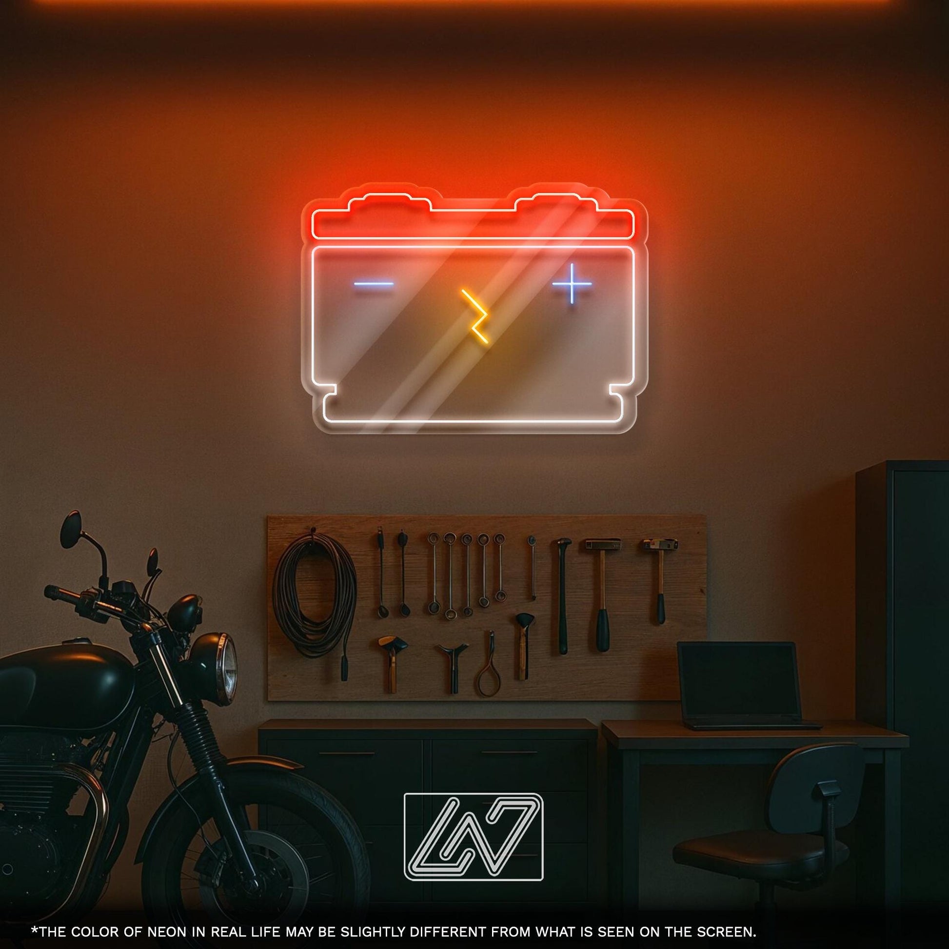 Neon Car Battery sign for garages and workshops, perfect gift for automotive enthusiasts.