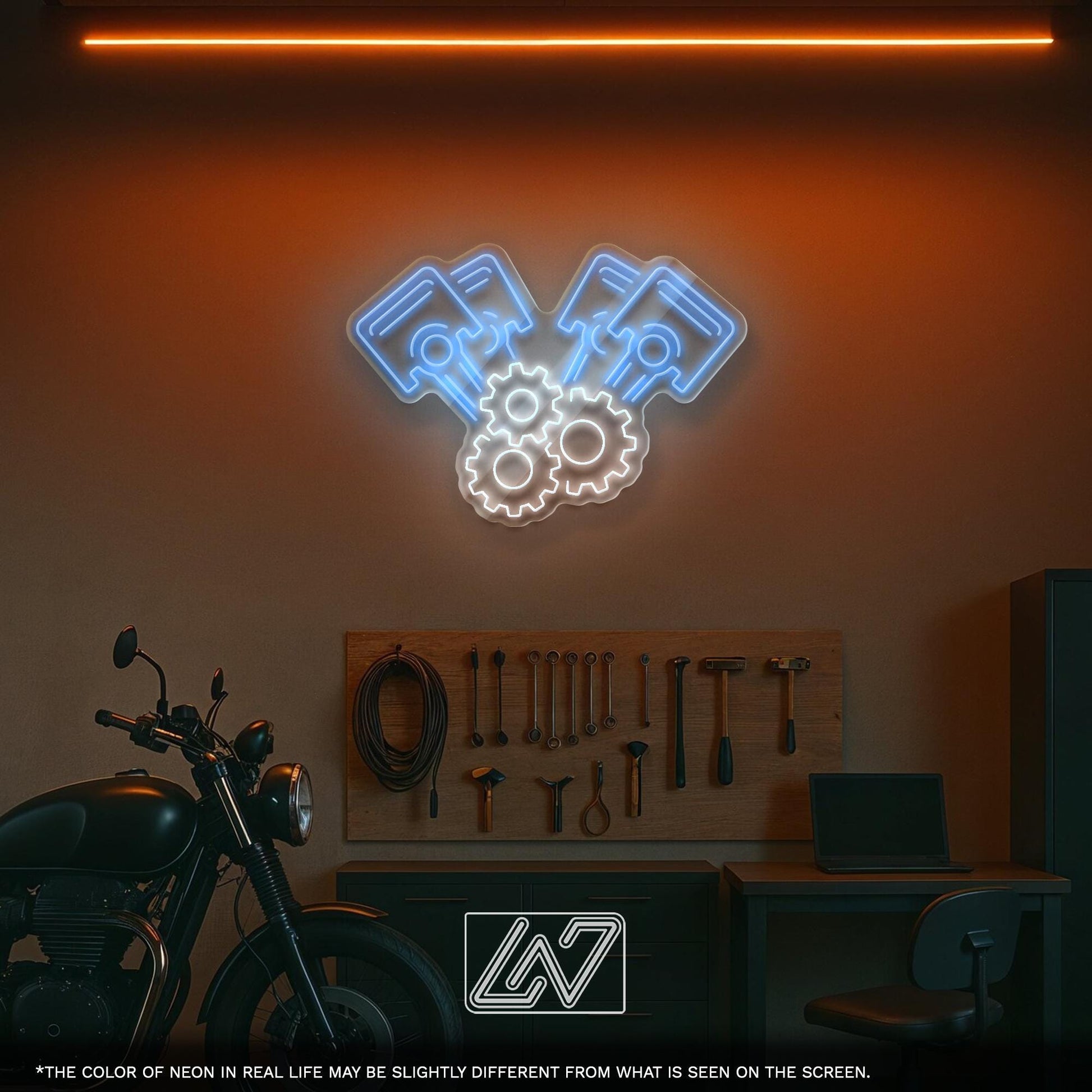 Neon sign of engine gears, ideal for garages and as gifts for automotive lovers.