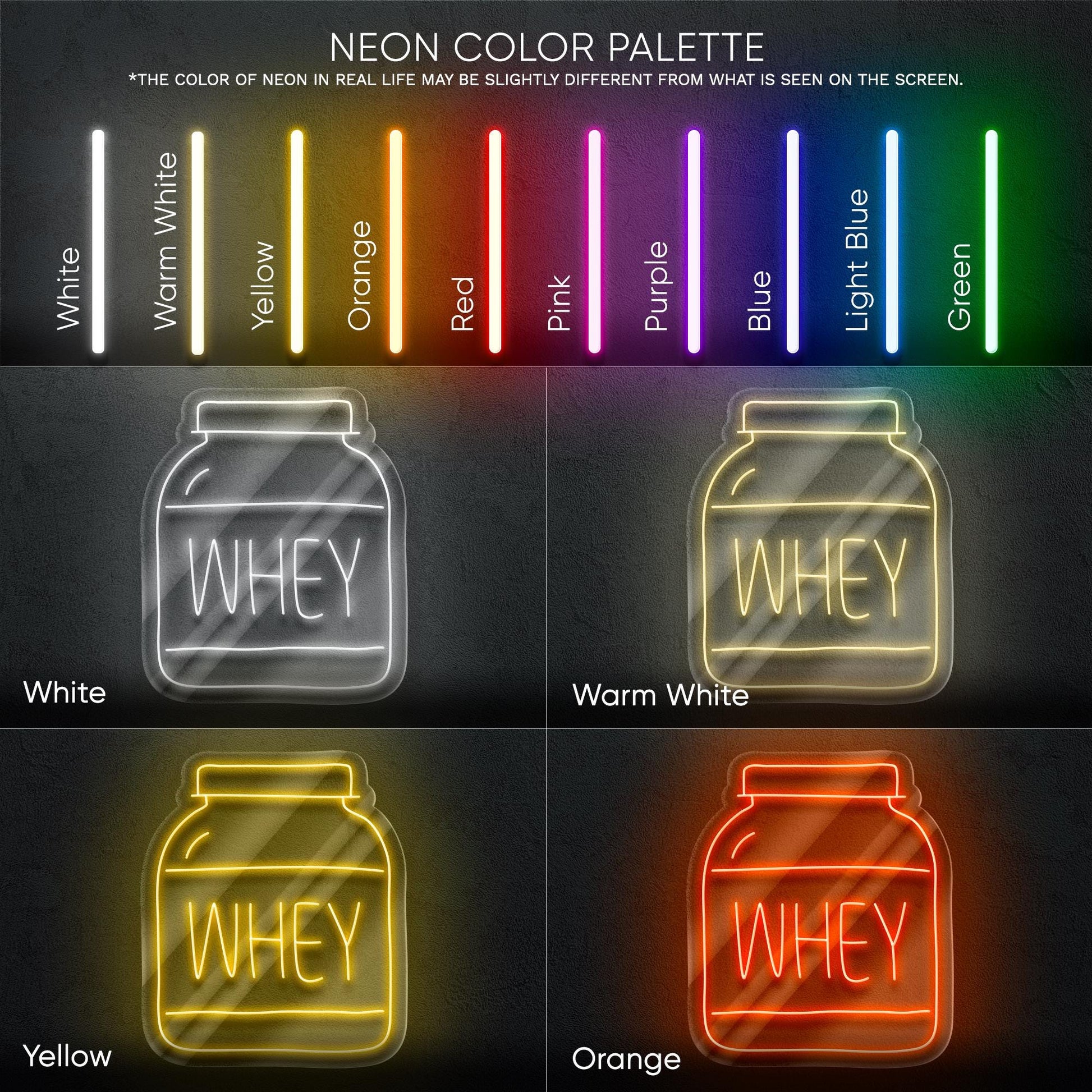Whey Protein Neon Sign – LED Wall Light for Gym, Fitness Studio or Home Workout Zone, Unique Gift for Bodybuilders and Sport Lovers