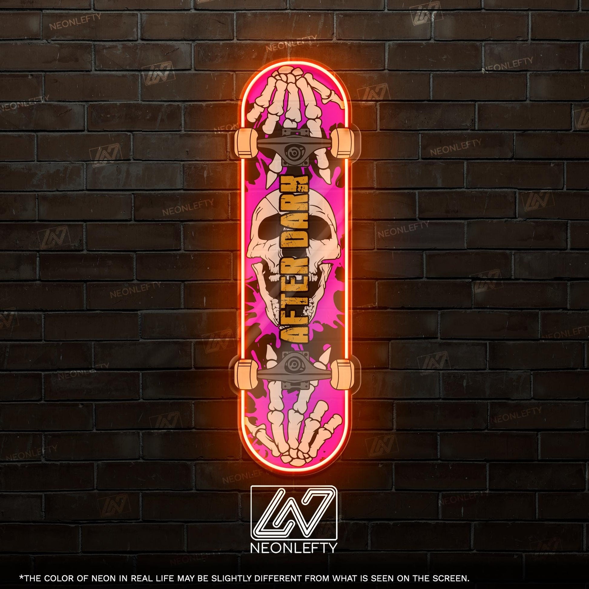 Skull Skateboard - LED Neon Sign with skeleton hands and skull theme, perfect for skate shops, teen rooms, game zones or alt-style spaces