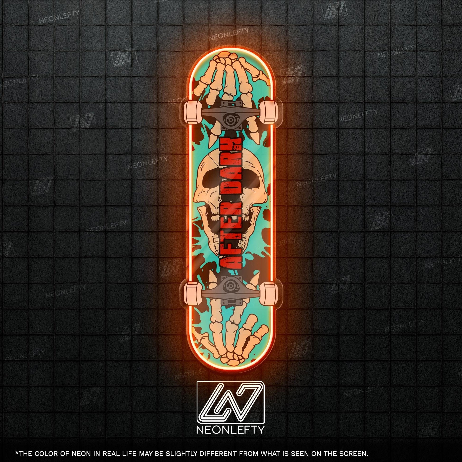 Skull Skateboard - LED Neon Sign with skeleton hands and skull theme, perfect for skate shops, teen rooms, game zones or alt-style spaces