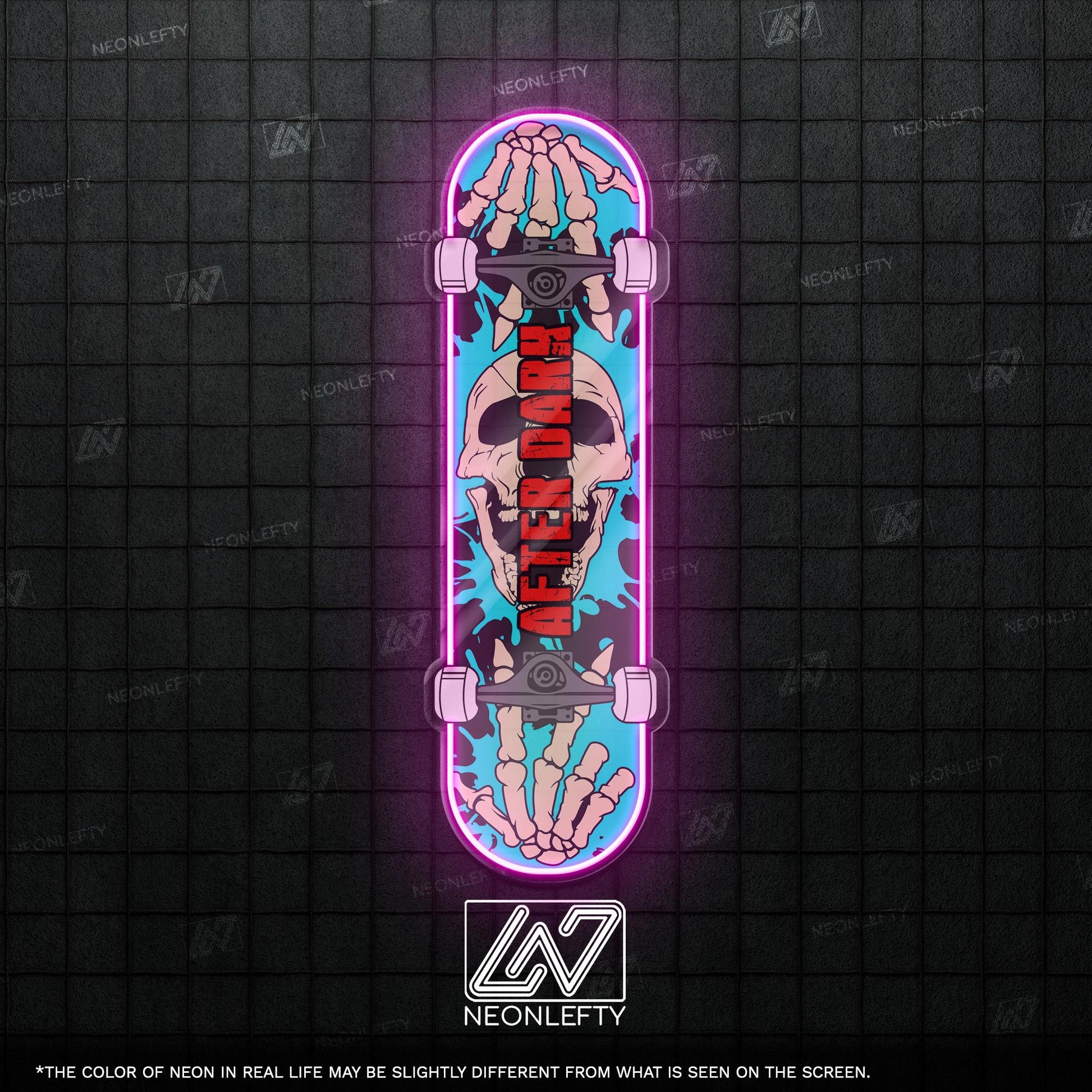 Skull Skateboard - LED Neon Sign with skeleton hands and skull theme, perfect for skate shops, teen rooms, game zones or alt-style spaces