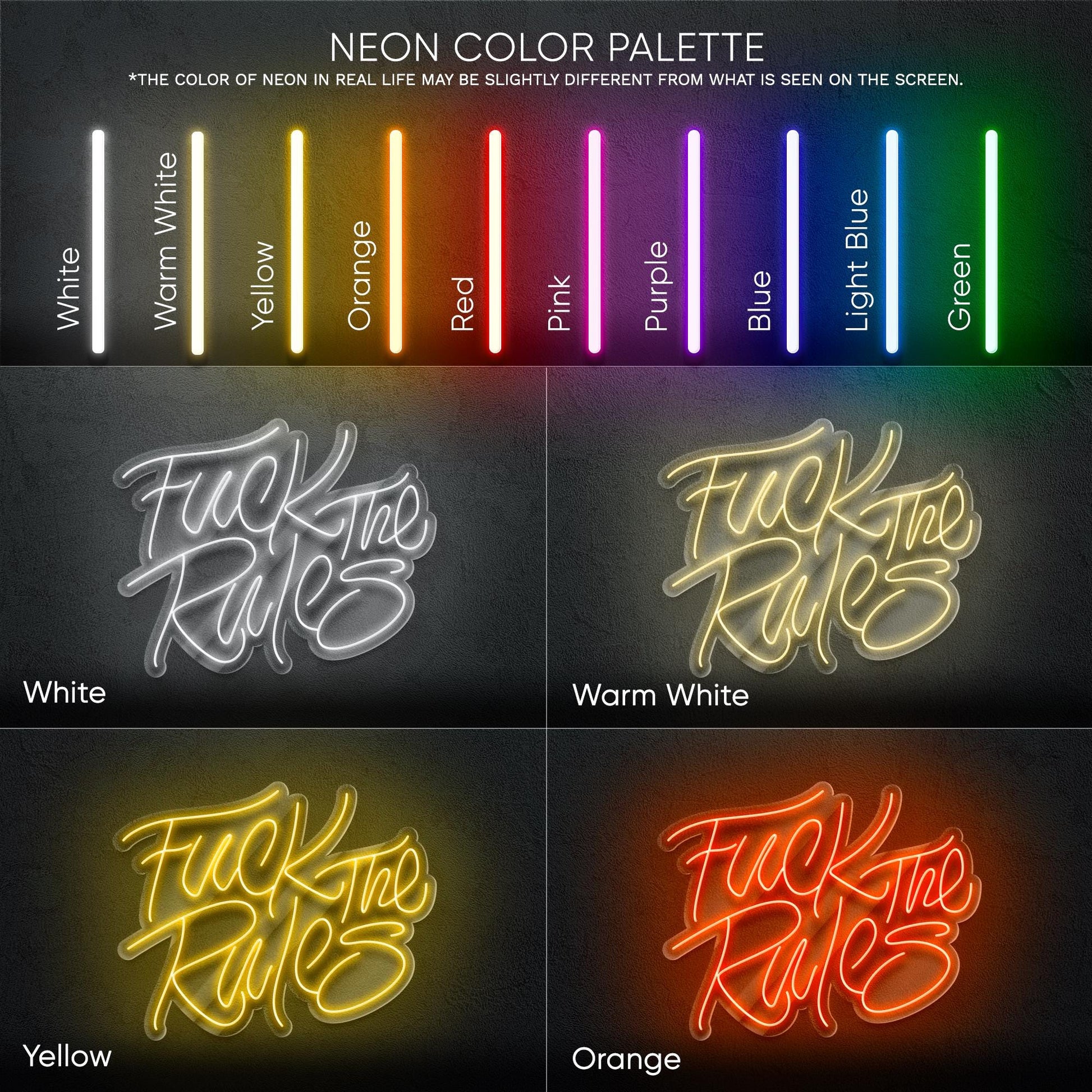 F*ck The Rules - LED neon sign with bold handwritten quote for rebellious room decor, bar wall, game zone or creative studio statement piece