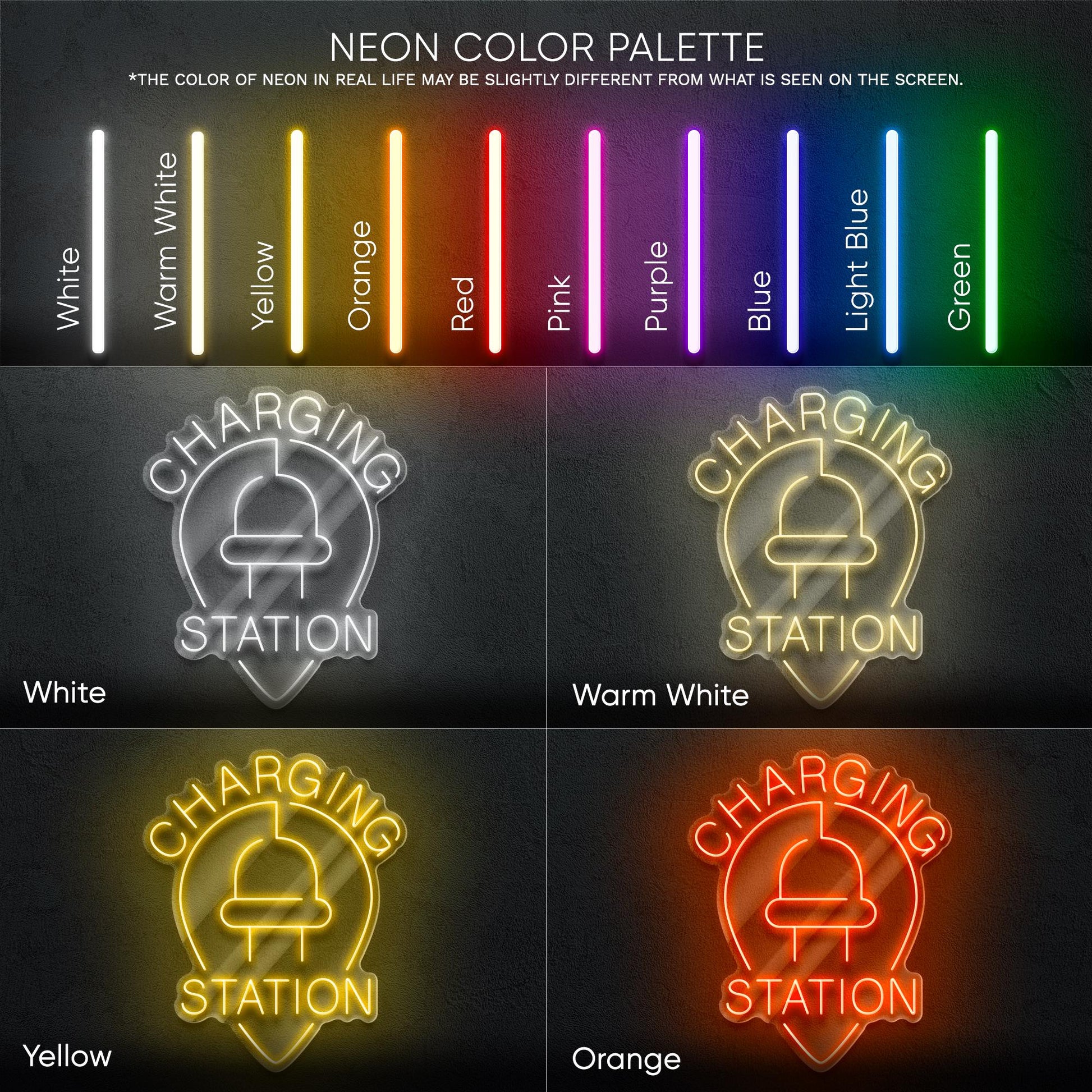 Charging Station - LED neon sign for electric vehicle charging areas, garages, parking lots or EV-friendly business spaces with clean design