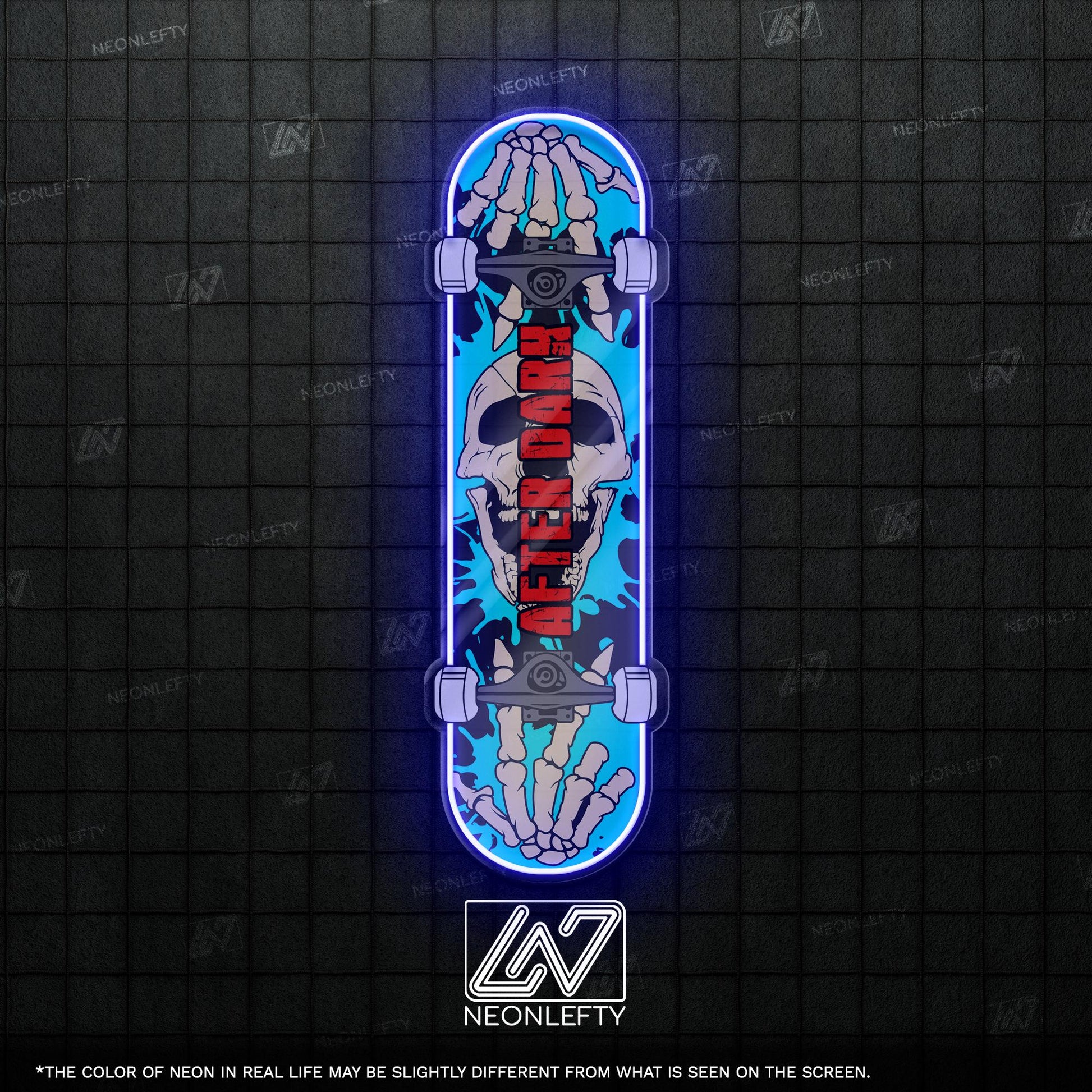Skull Skateboard - LED Neon Sign with skeleton hands and skull theme, perfect for skate shops, teen rooms, game zones or alt-style spaces