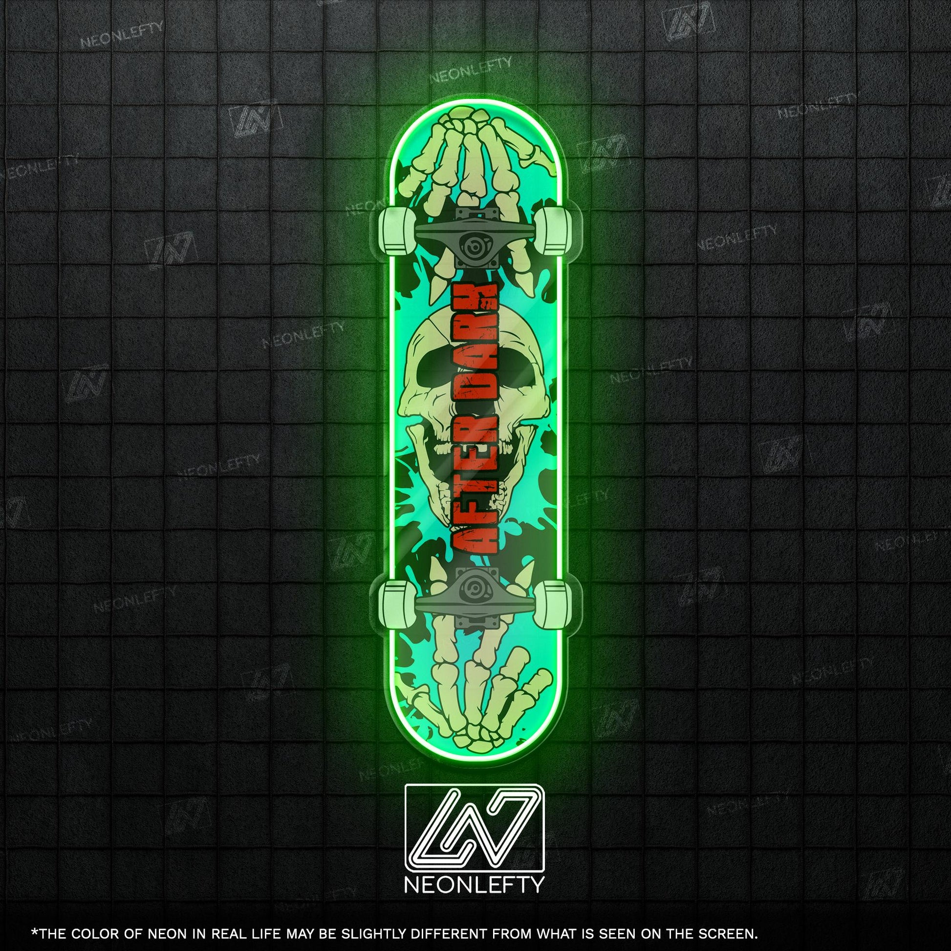 Skull Skateboard - LED Neon Sign with skeleton hands and skull theme, perfect for skate shops, teen rooms, game zones or alt-style spaces