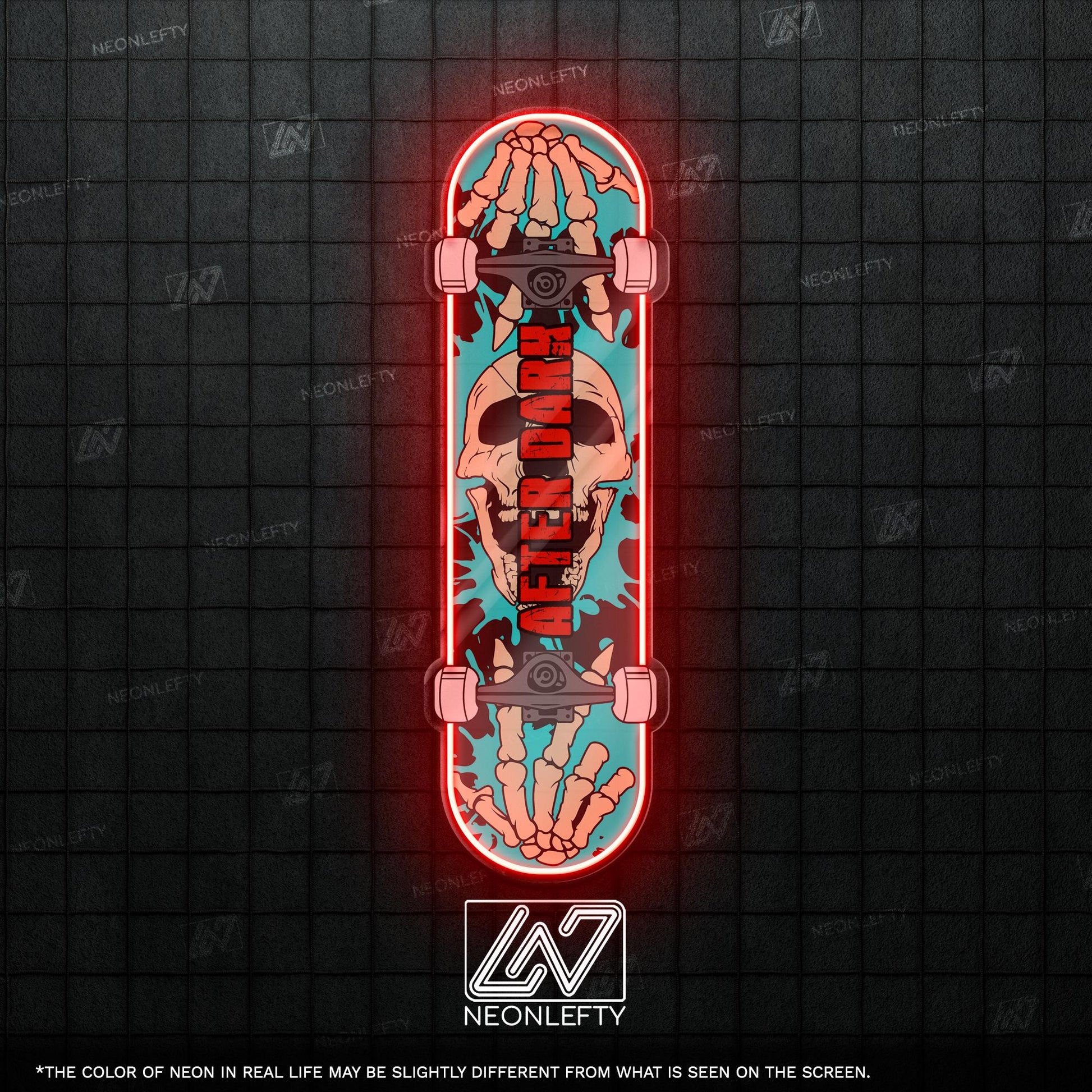 Skull Skateboard - LED Neon Sign with skeleton hands and skull theme, perfect for skate shops, teen rooms, game zones or alt-style spaces