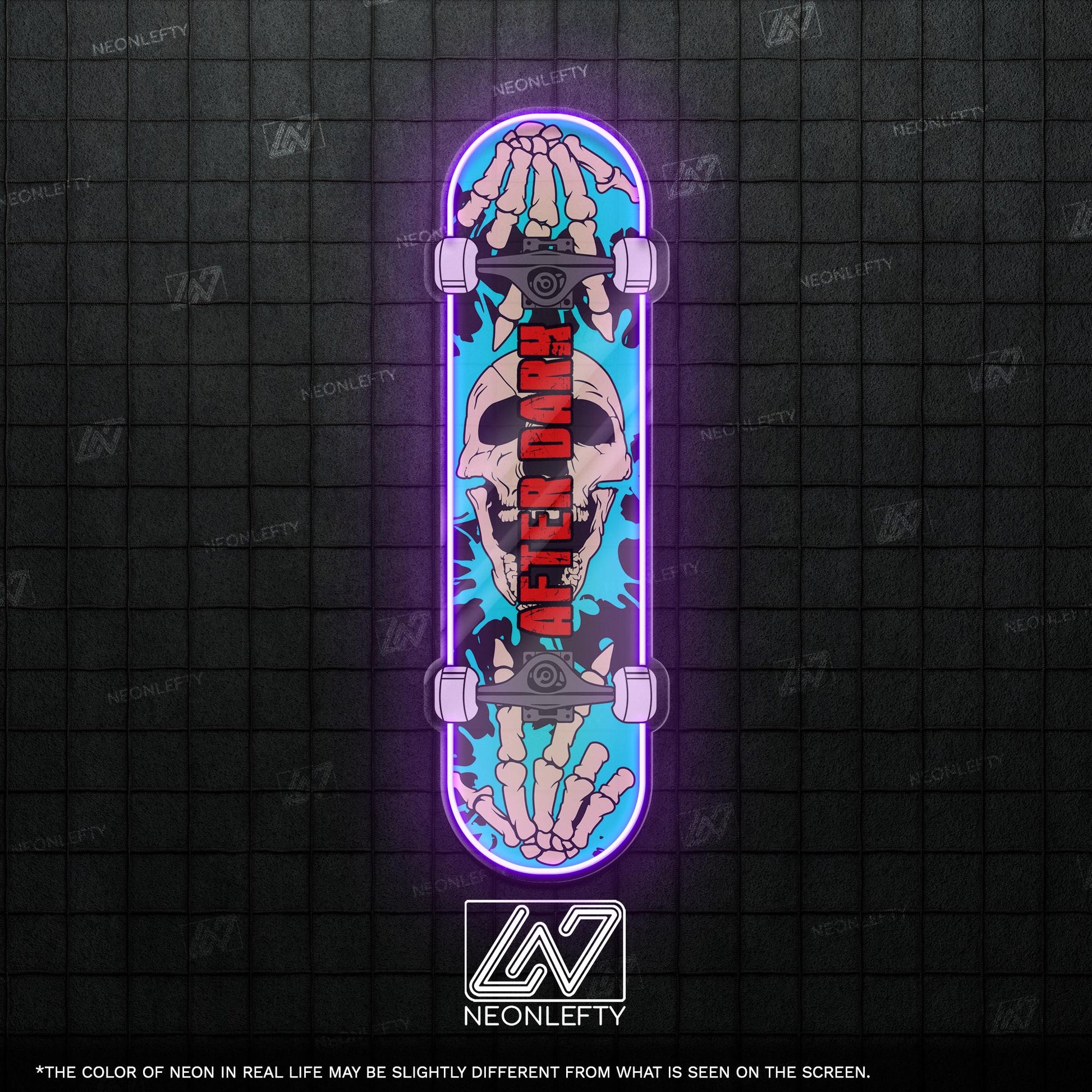 Skull Skateboard - LED Neon Sign with skeleton hands and skull theme, perfect for skate shops, teen rooms, game zones or alt-style spaces