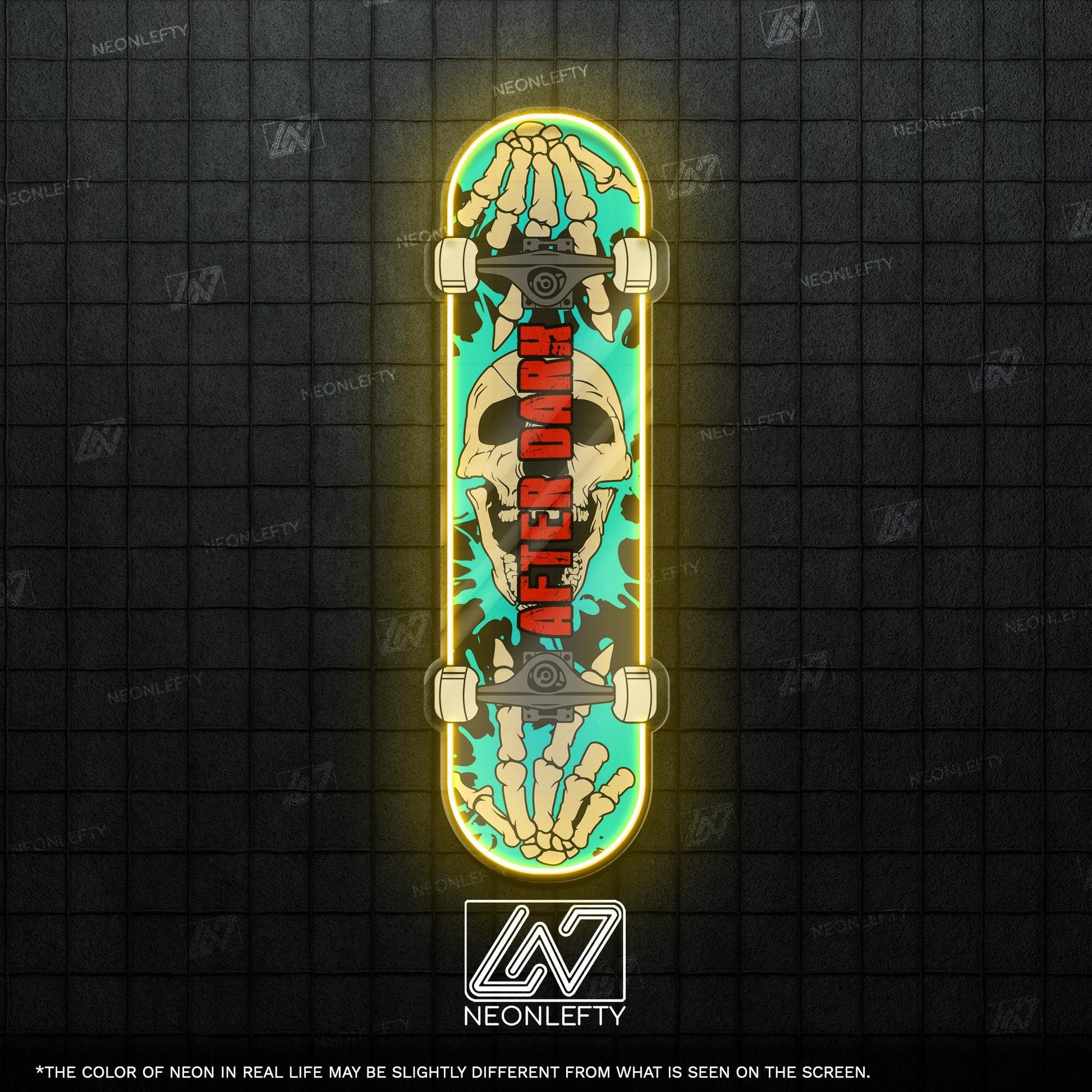 Skull Skateboard - LED Neon Sign with skeleton hands and skull theme, perfect for skate shops, teen rooms, game zones or alt-style spaces