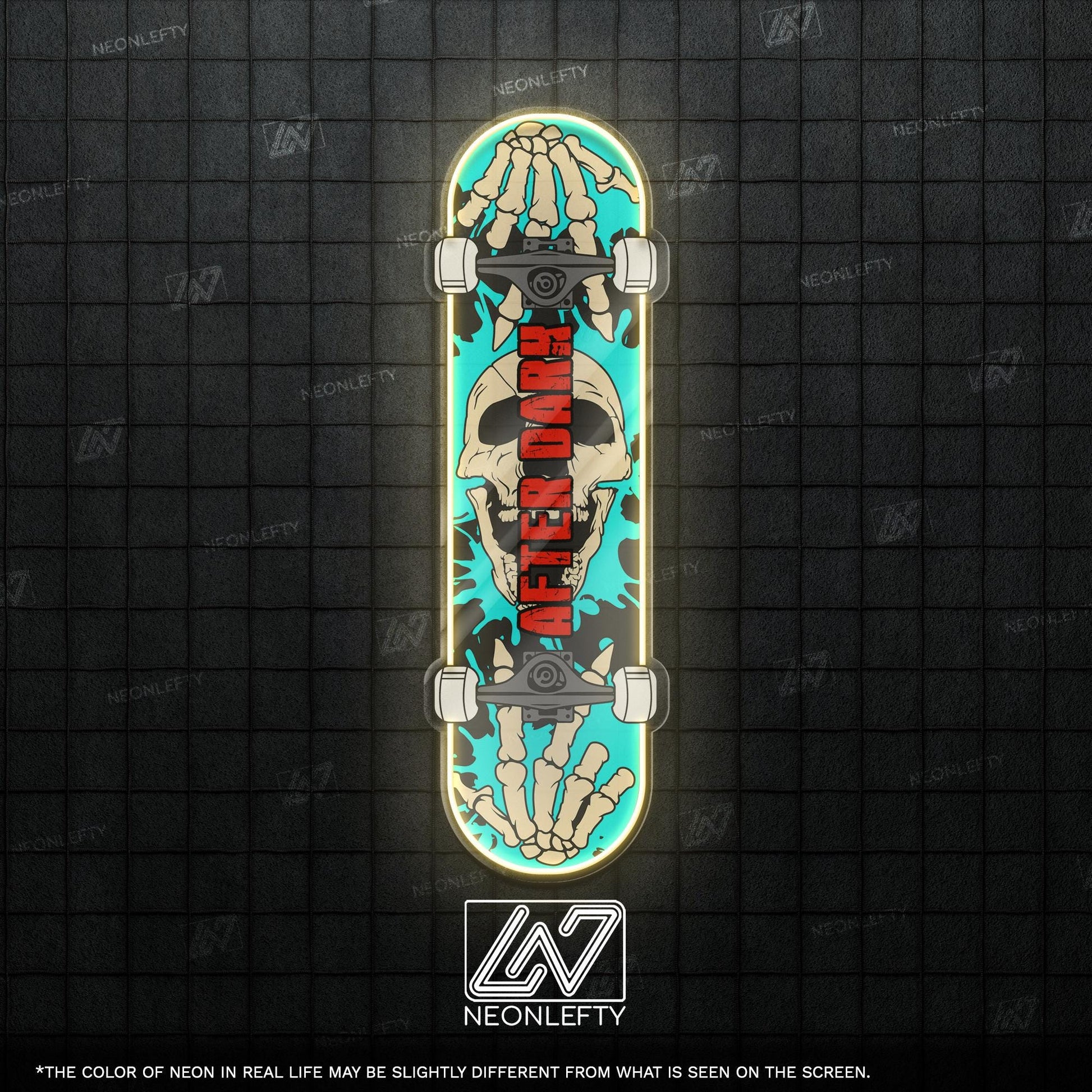 Skull Skateboard - LED Neon Sign with skeleton hands and skull theme, perfect for skate shops, teen rooms, game zones or alt-style spaces