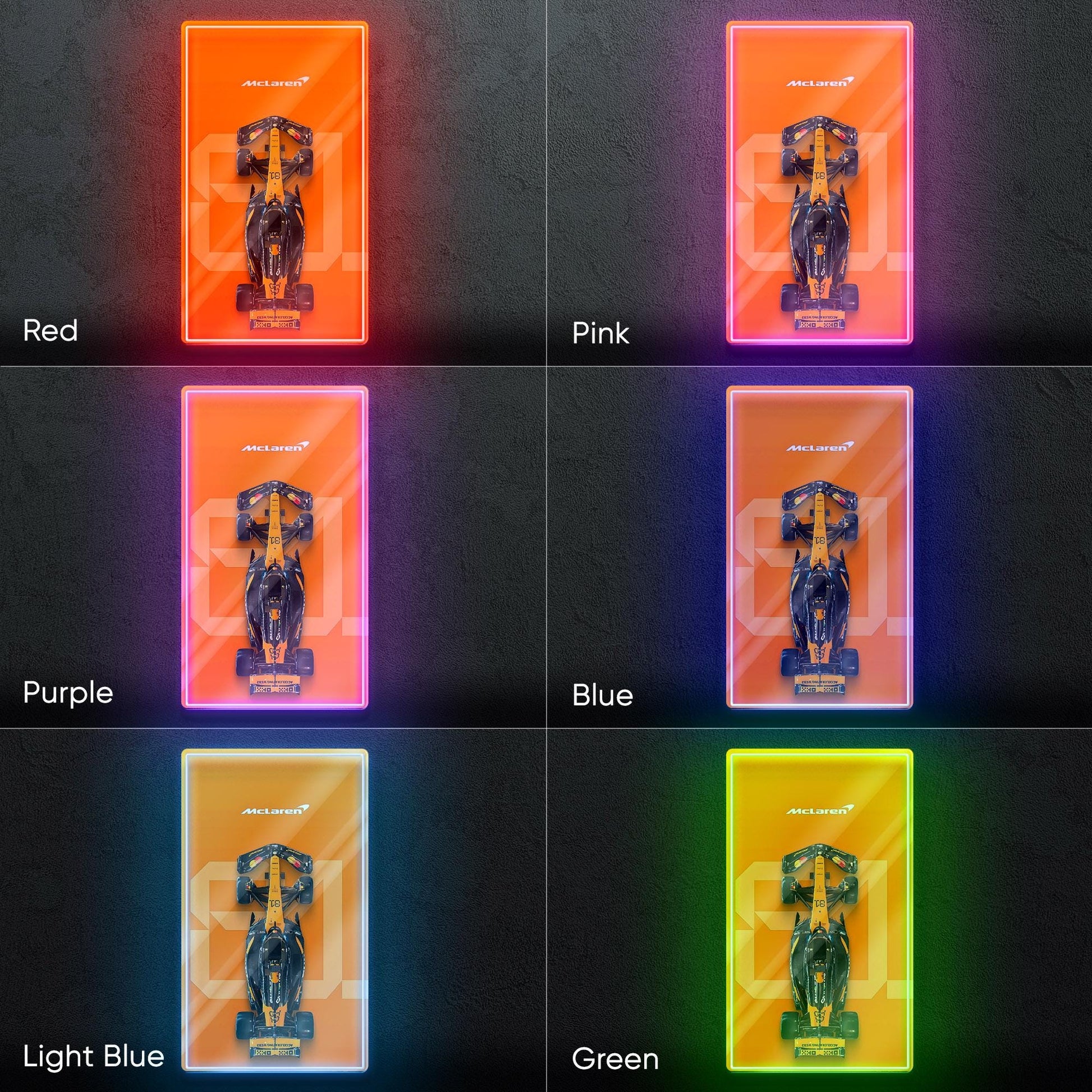 F1 McLaren Car - LED neon sign with top view race car design perfect for motorsport lovers, man caves, game rooms or Formula 1 themed decor