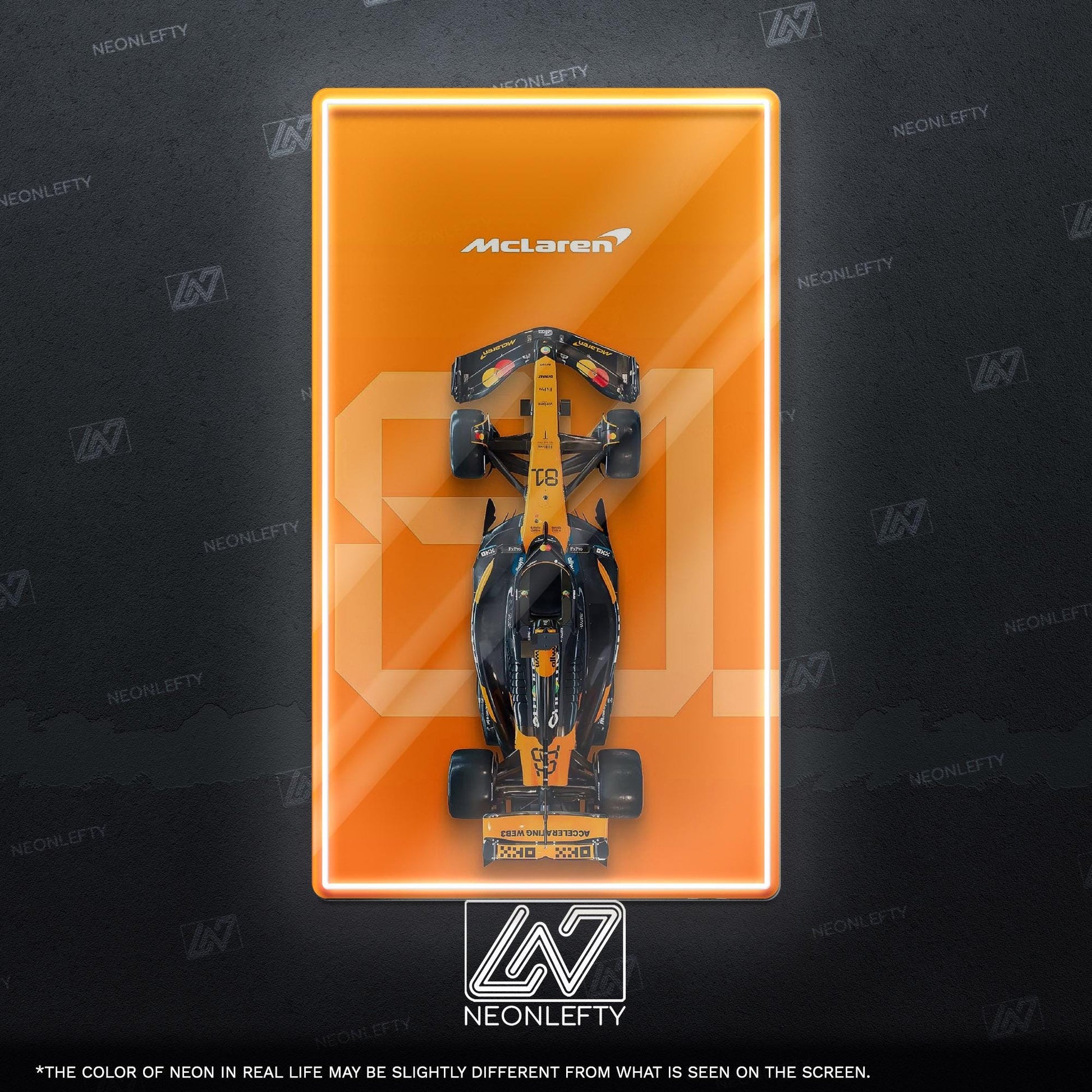 F1 McLaren Car - LED neon sign with top view race car design perfect for motorsport lovers, man caves, game rooms or Formula 1 themed decor