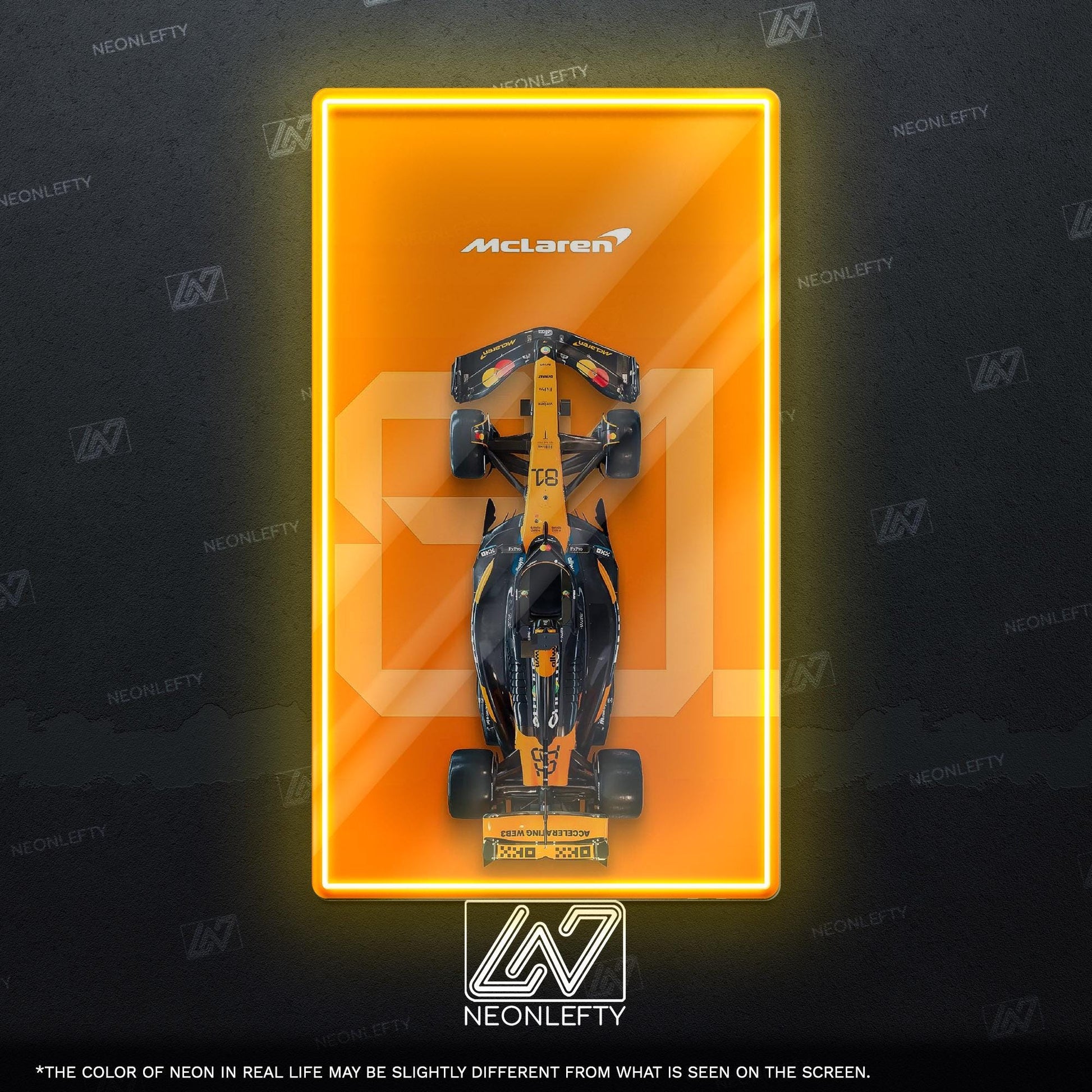 F1 McLaren Car - LED neon sign with top view race car design perfect for motorsport lovers, man caves, game rooms or Formula 1 themed decor
