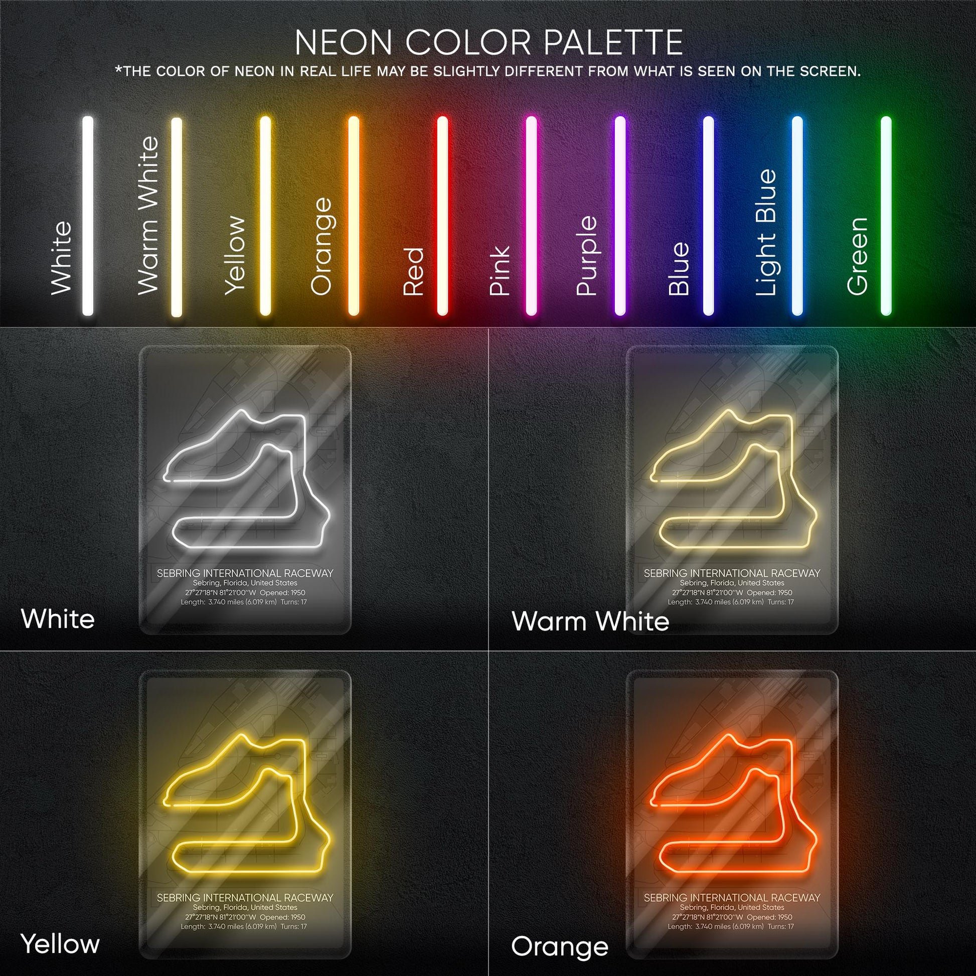 Sebring Neon Sign - Iconic motorsport wall decor inspired by Sebring International Raceway, perfect for garage, man cave or racing fan space