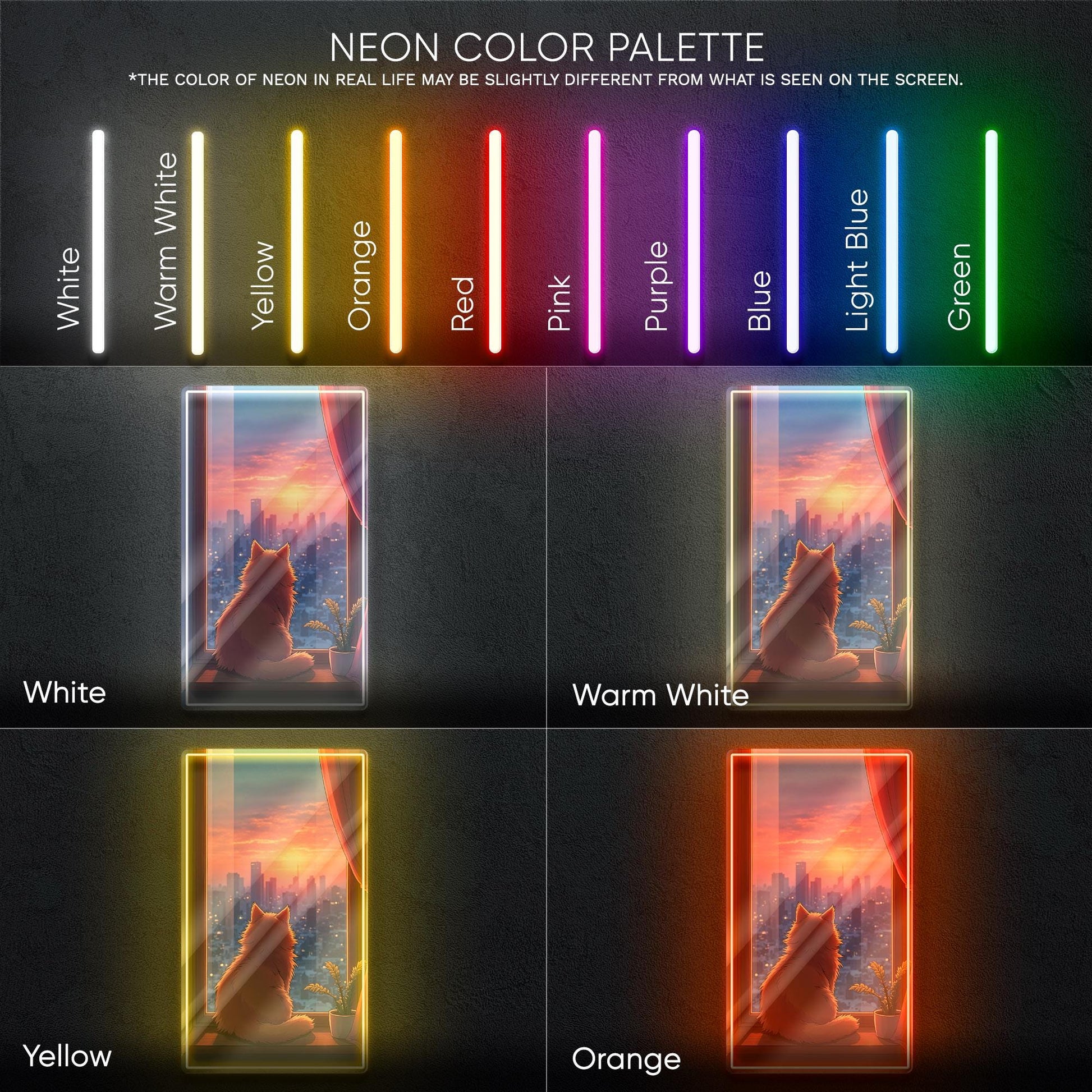 Cat Sunset Neon Sign - Cozy aesthetic cat wall decor with city view and sunset vibes, perfect for bedroom, living room, office