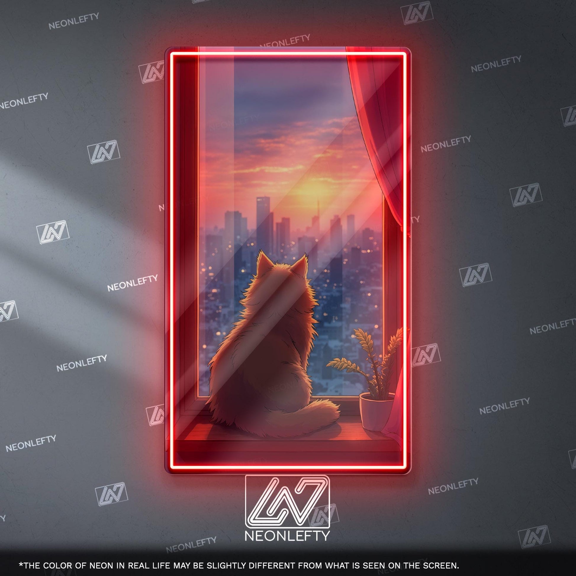 Cat Sunset Neon Sign - Cozy aesthetic cat wall decor with city view and sunset vibes, perfect for bedroom, living room, office