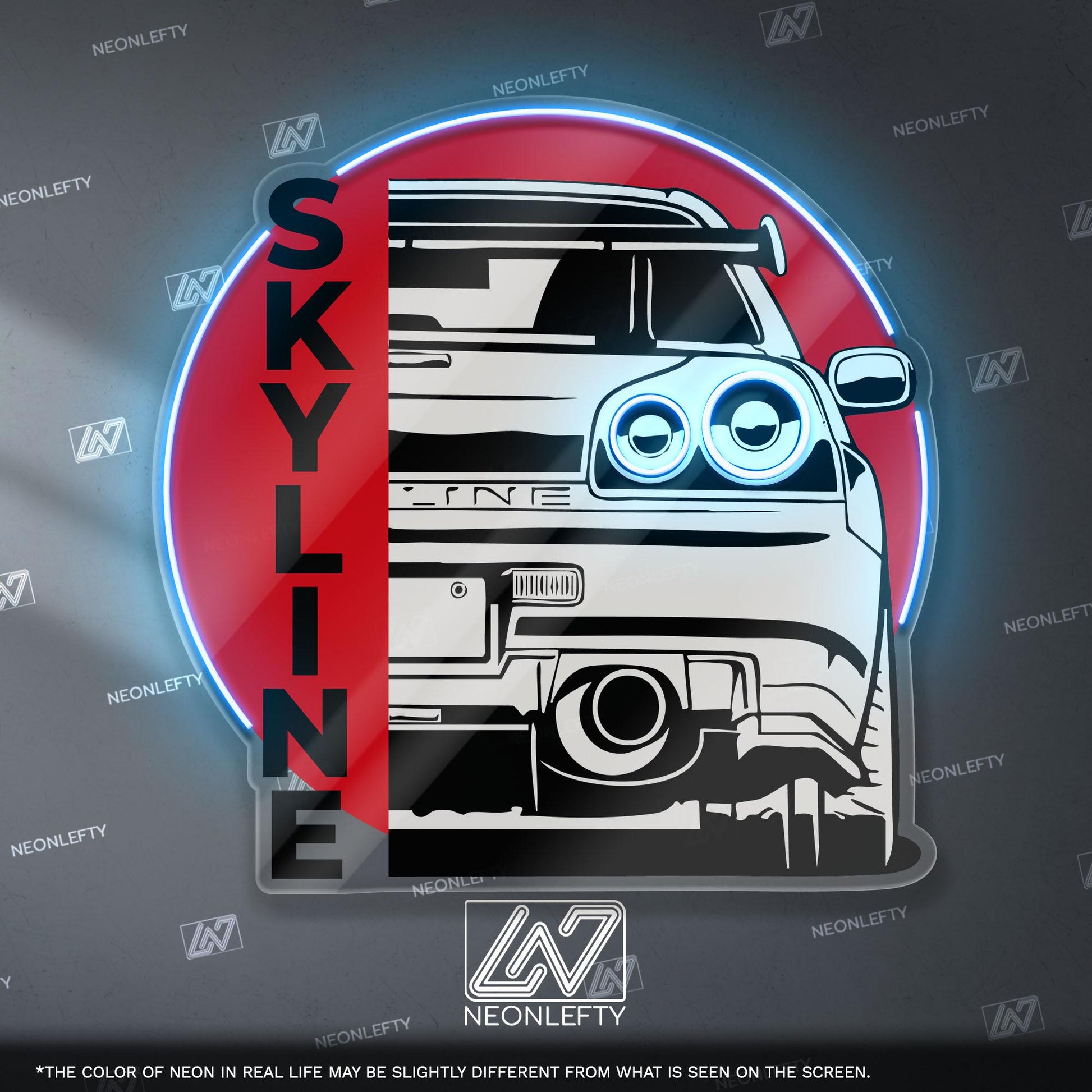 Nissan Skyline Neon Sign - Rear view wall art of legendary JDM icon R34, perfect for garage, man cave, tuner setup, street racing enthusiast