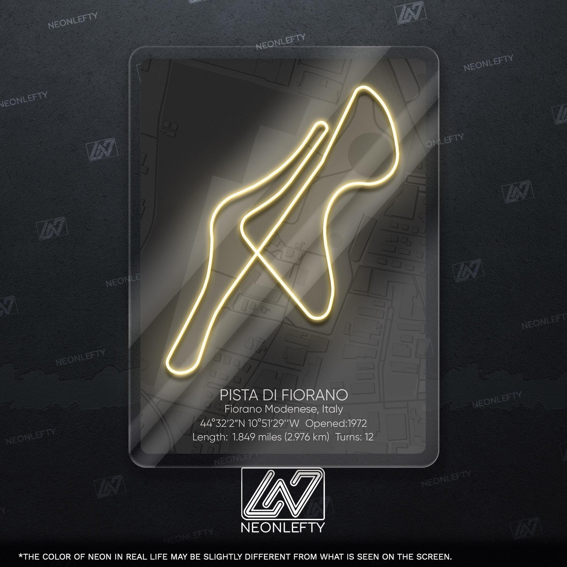 Fiorano Circuit Neon Sign - Iconic Ferrari test track wall art from Italy, perfect for garage, man cave, motorsport room, racing enthusiast