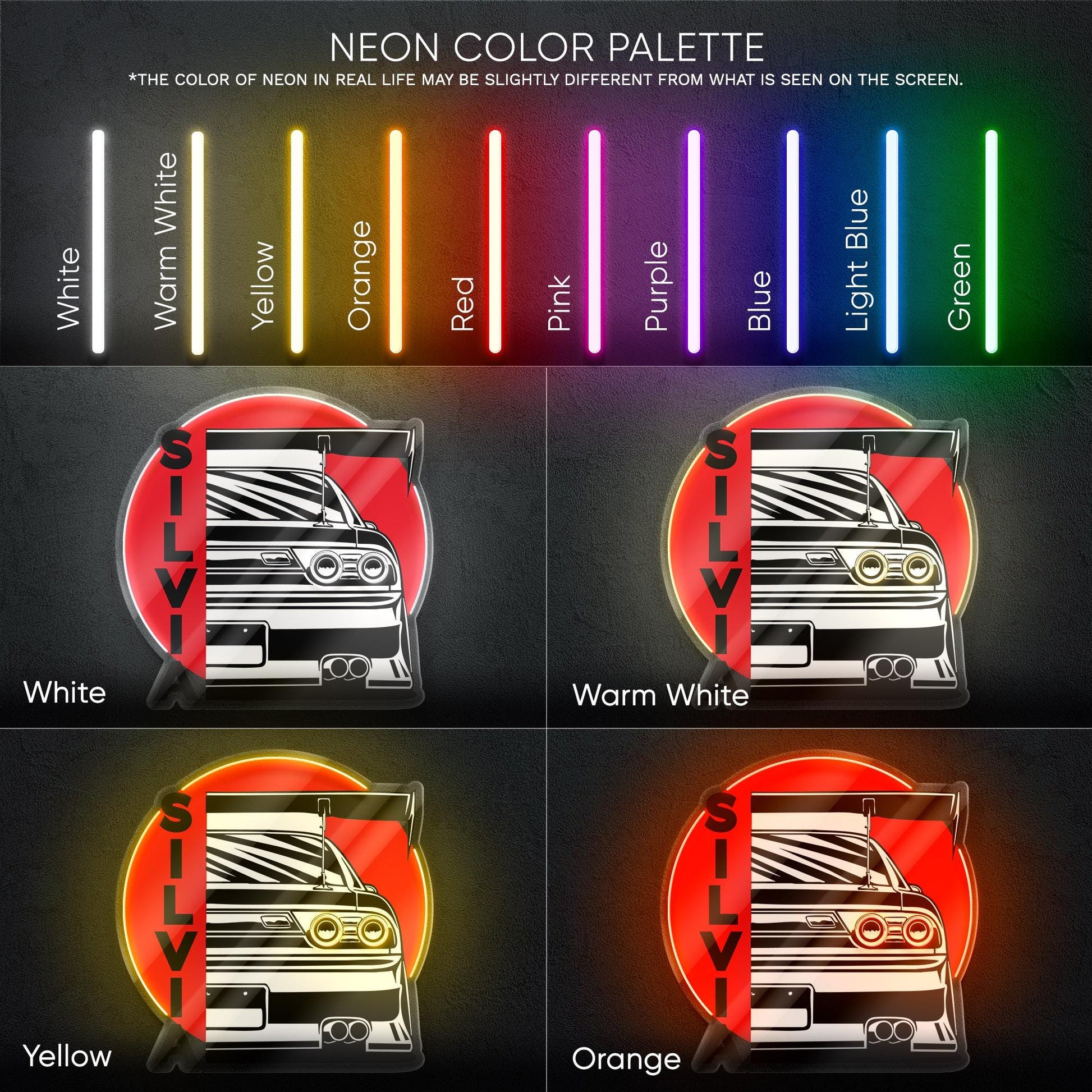 Nissan Silvia Neon Sign - JDM rear view wall art of iconic drift car, perfect for garage, man cave, tuner studio or Japanese street car fan